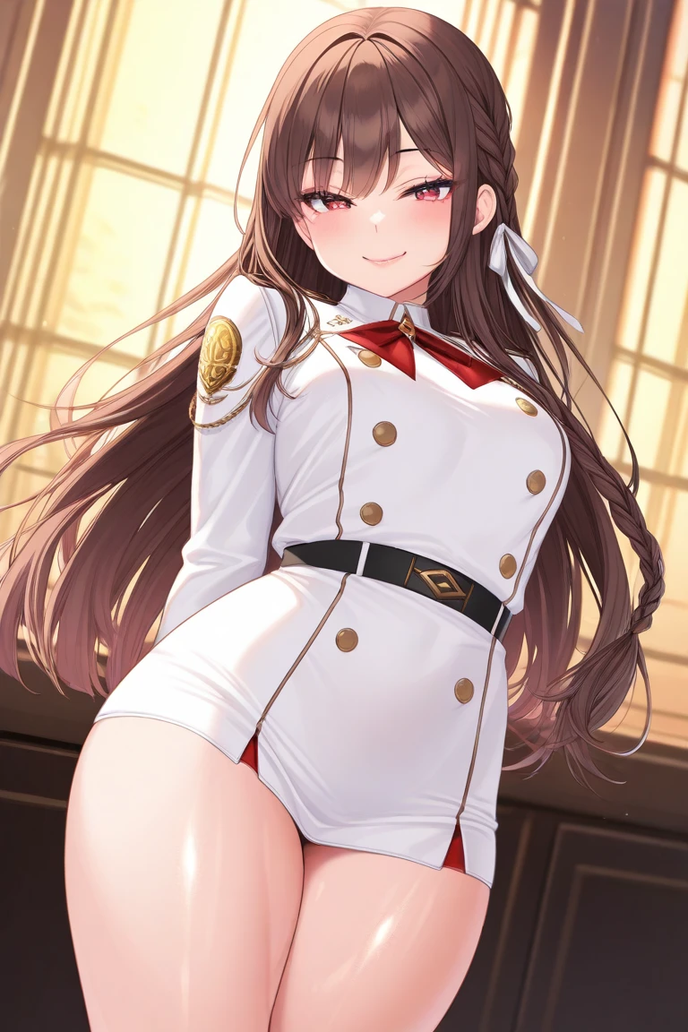 (masterpiece、 top quality 、 super detailed )、((１ girls with light makeup))、((Brown Hair))、braided long hair、Girls around  、 Evil Smiles 、  cute女の子、 cute、Thighs、  erotic、 cute girl,  is transparent,   uniform ,    long hair, Braided Hair, Perfect smooth skin, Seductive smile, ( top quality ,4K,8k,     high res  ,masterpiece:1.2),   super detailed  ,    intricate details  ,    high fashion   , Dramatic lighting, Warm colors, 