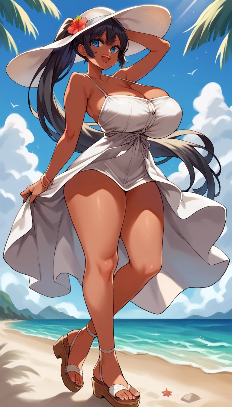 score_9,score_8_up,score_7_up,score_6_up,score_5_up,score_4_up,(source_anime),1girl,solo,long hair,breasts,looking at viewer,standing,dynamic pose,smile,open mouth,blue eyes,white sundress,black hair, ponytail haircut,white brimmed hat,sandals,very long hair,dark skin,huge breasts,thick thighs,pretty face,extremely detailed face,beach,palm trees,super detail,high quality
