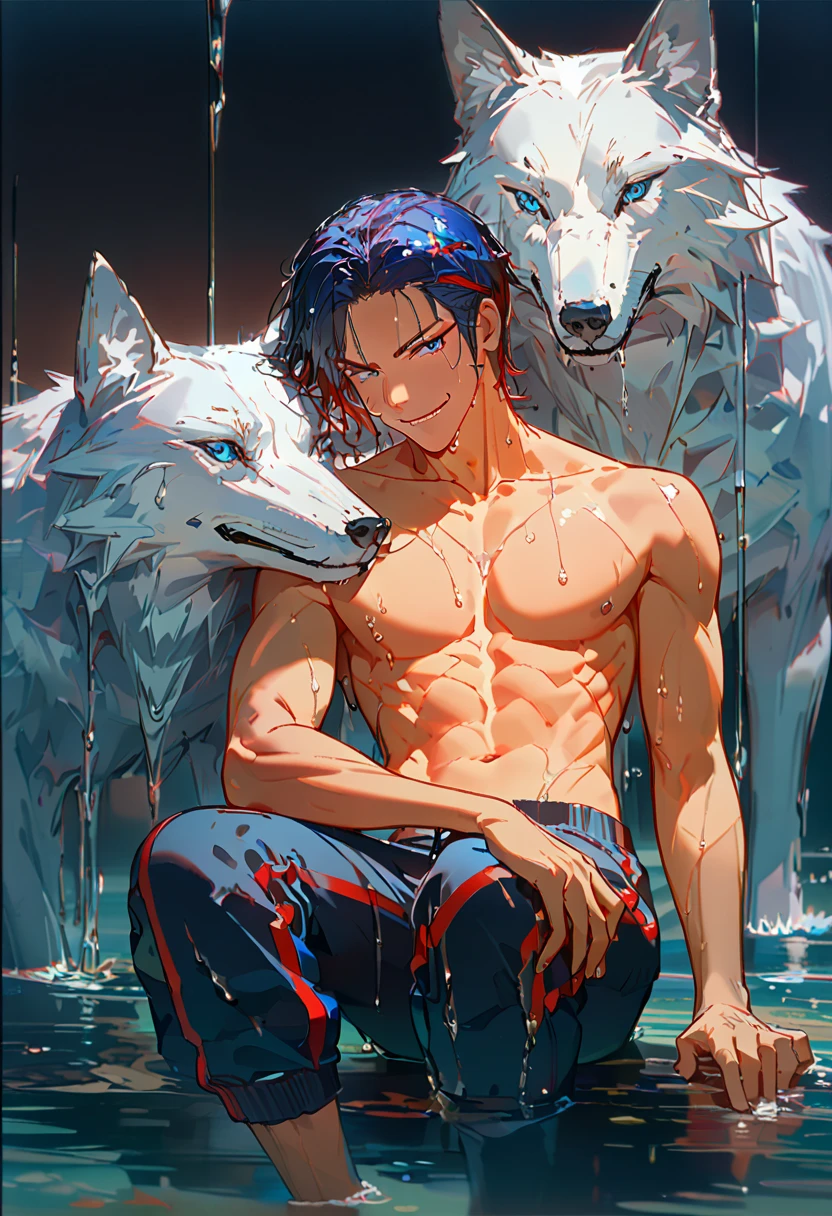 solo, ((male with short dark blue hair with red strip hair and dark blue hair with red gradient), (bare chest), (topless), (muscle), ( jogger pants), (wet), (dripping wet body and hair), (water dripping), (sitting), (one hand rest on the knee)), ((big white wolf resting on the back)), (bangs), ((blue eyes with red gradient), (slightly tanned skin), (smirk)), ((high quality)), (extremely detailed),8k, 4k, clean line art, detailed line art, resting on the big wolf, white big wolf, simple background, water background, dark background, not bulky, no top clothes, inspired by Asukaziye artist : ask, art style : ask