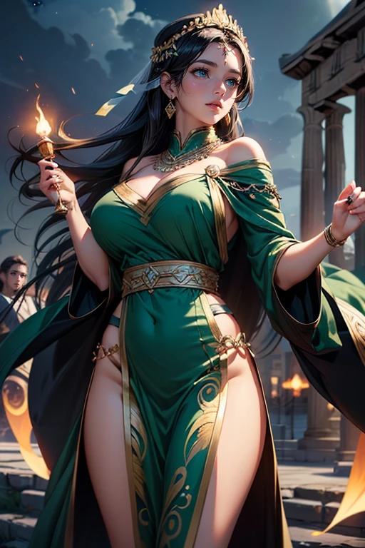 ((aeolian)), ung girl with a beautiful face and green eyes, Princess, (naked and wearing a gold cloak), very long black hair, no underwear, slim body, long legs, fantasy castle landscape, bare feet