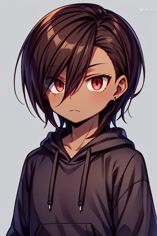 dark skin, male, (((medium dark brown hair))), big red eyes and a very  androgynous face, wearing a black hoodie,