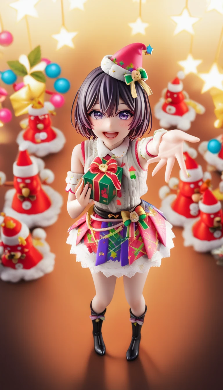 photorealistic, full body,kawaii japanese woman, japanese idol, cute Knit,colorful open chest , He is holding a box with Christmas presents in both hands,reaching out dynamically, surrounded by STAR, wearing mini lace pointed hat, detailed costume, dark and colorful setting , kawaii Christmas decorations, vibrant colors, soft lighting, from above, kawaii,
