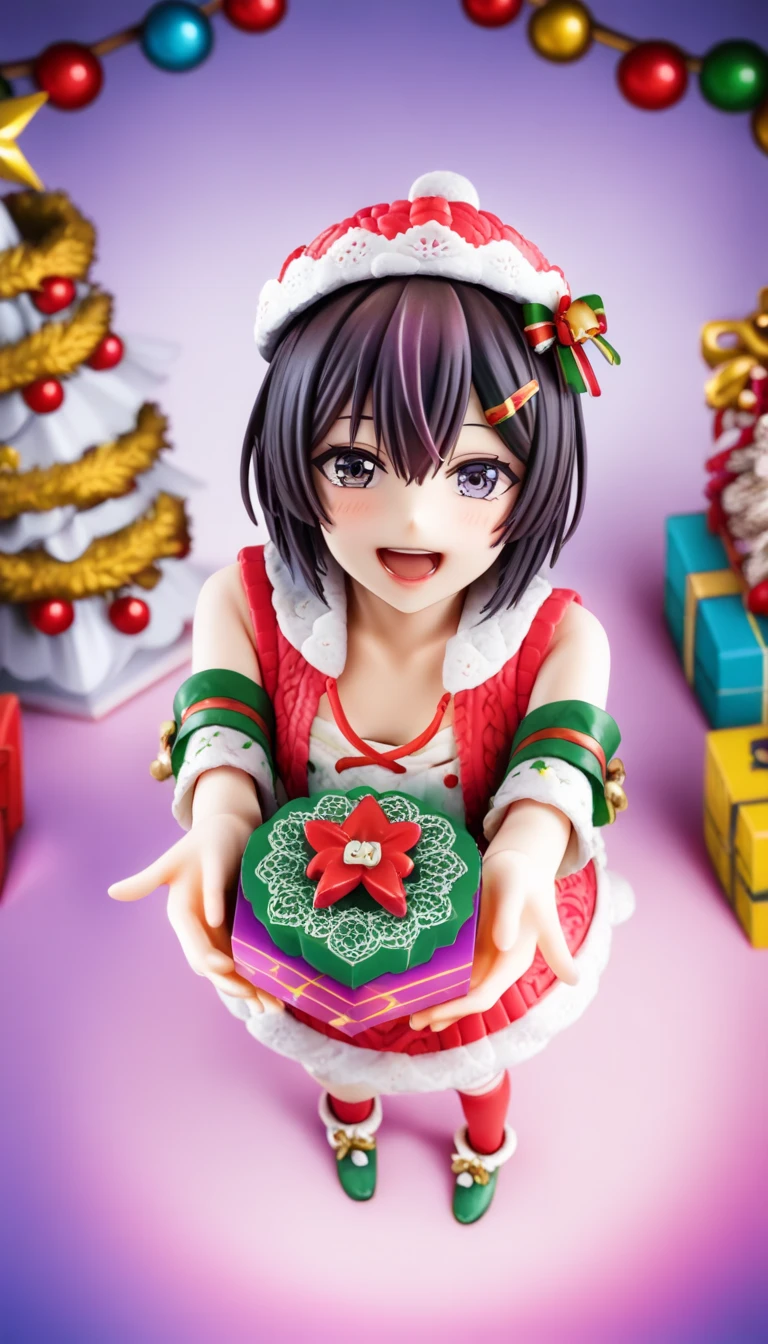 photorealistic, full body,kawaii japanese woman, japanese idol, cute Knit,colorful open chest , He is holding a box with Christmas presents in both hands,reaching out dynamically, surrounded by STAR, wearing mini lace pointed hat, detailed costume, dark and colorful setting , kawaii Christmas decorations, vibrant colors, soft lighting, from above, kawaii,
