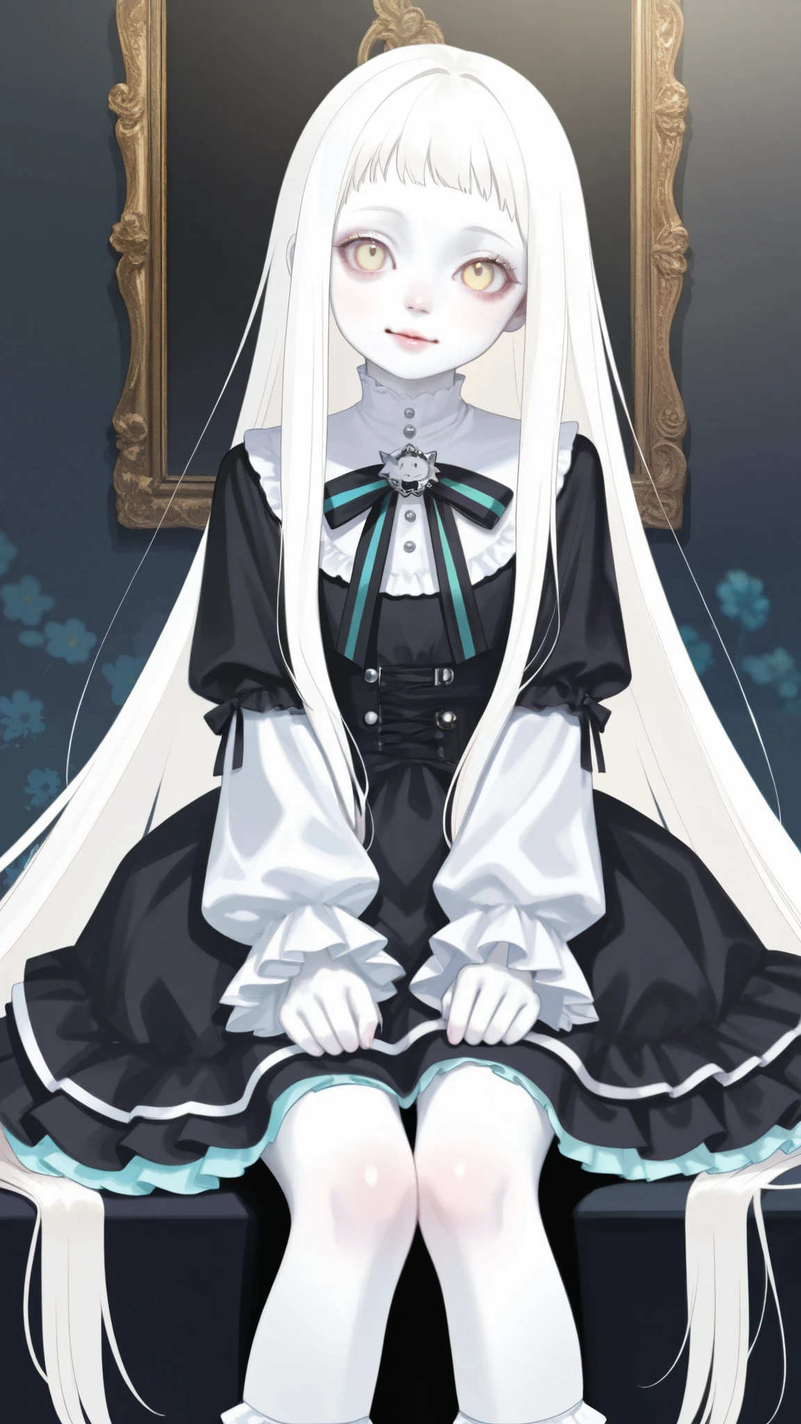 Light color:1.7、  pastel colors that eliminate shine :1.7、( top quality 、masterpiece、   very detailed、   One Girl  、((非常に cute face)) , ((  long hair )), Long white hair,  very long straight hair, Short bangs, Albino white skin, light yellow eyes ,  realistic skin texture to hide female genitals  ,  cute face、Silky Short Blonde、 knees、   Gothic Fashion、   very detailed目、 cute face、Light color:1.7、  pastel colors that eliminate shine :1.7