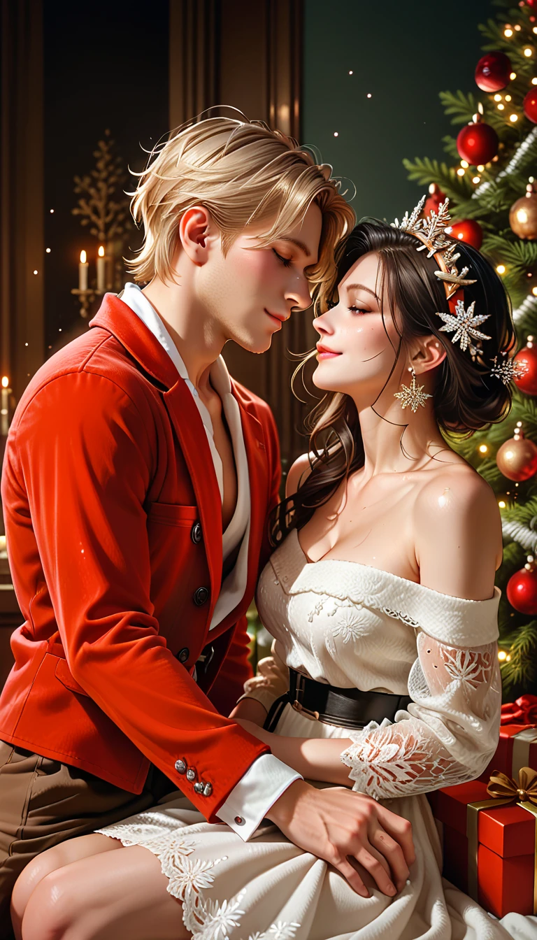  romantic atmosphere ,  very detailed ,  , ​masterpiece,  sharp focus ,   Official Art,  Christmas,  couples after insertion, Men and women,  software ,  Christmas , Comfortable clothes, Normal clothes, half body