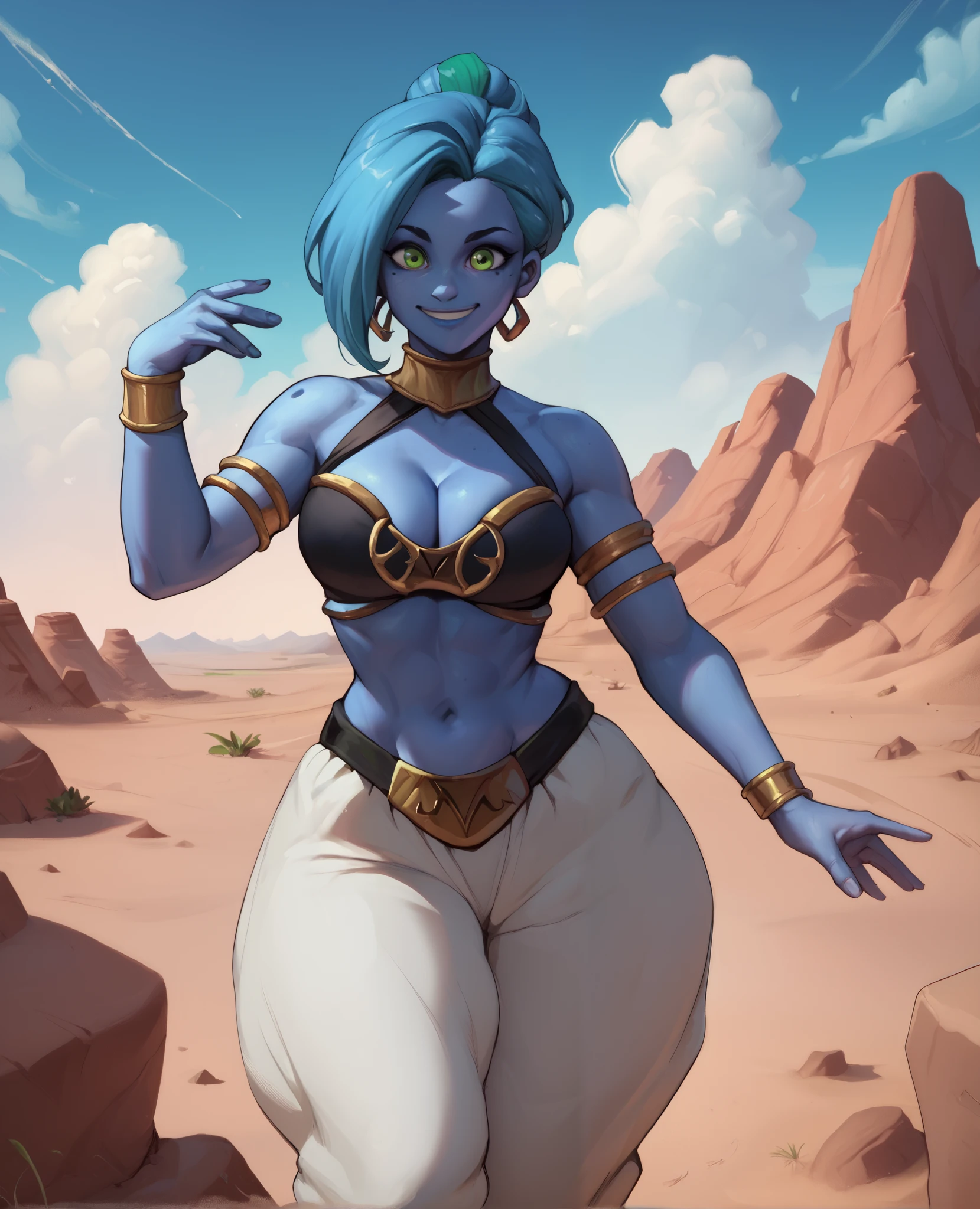 Dark blue skin, green eyes, belly dancer outfit, m belt, cleavage, midriff, big hips, desert, clouds in sky, smiling,