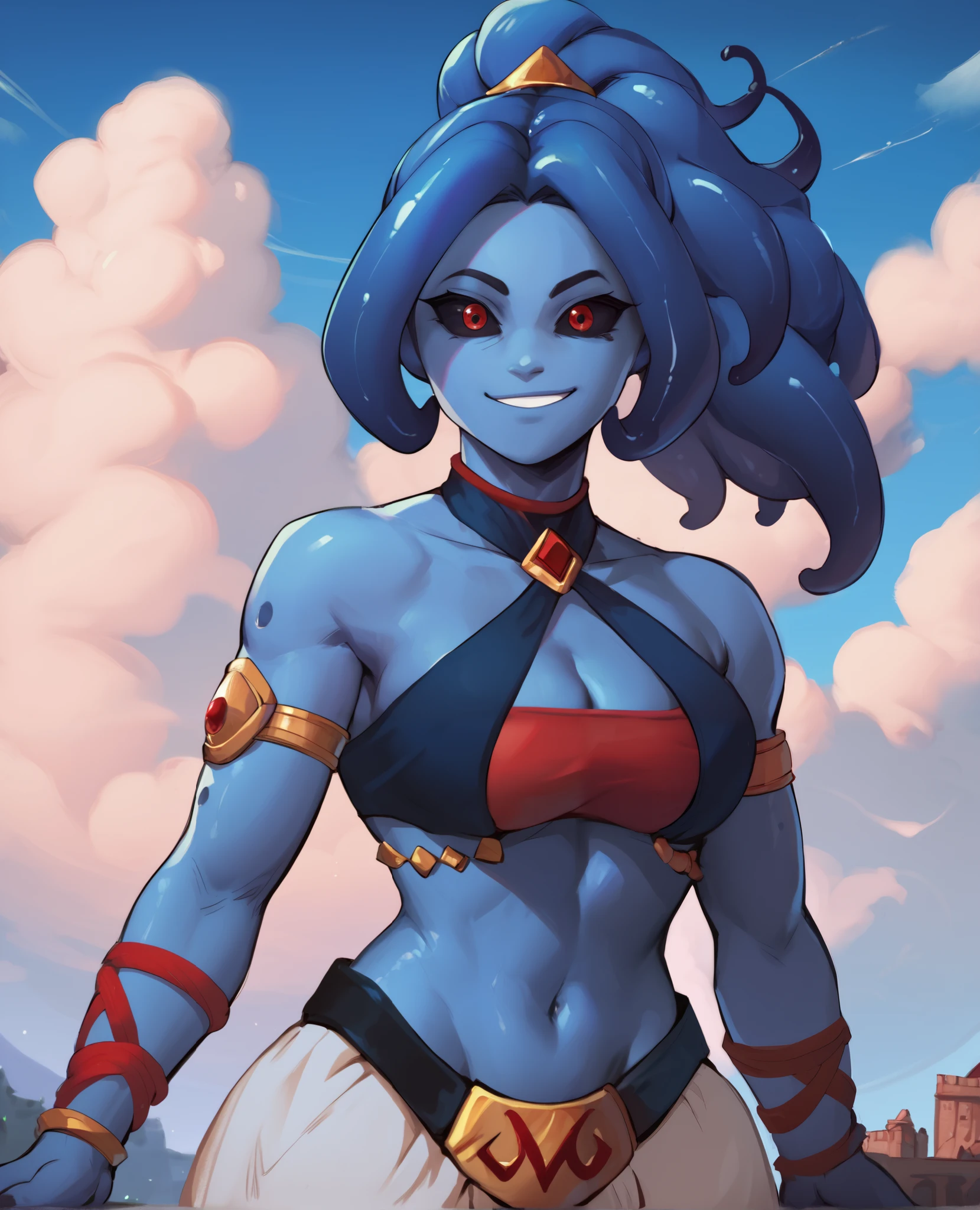 score_9,score_8_up,score_7_up,
femjinxl,dark blue skin,red eyes,black sclera,tentacle hair,dark blue ponytail,
belly dancer outfit,midriff,cleavage,bare shoulders,m belt,
looking at viewer, smiling,
standing,day,cloudy sky,
solo,