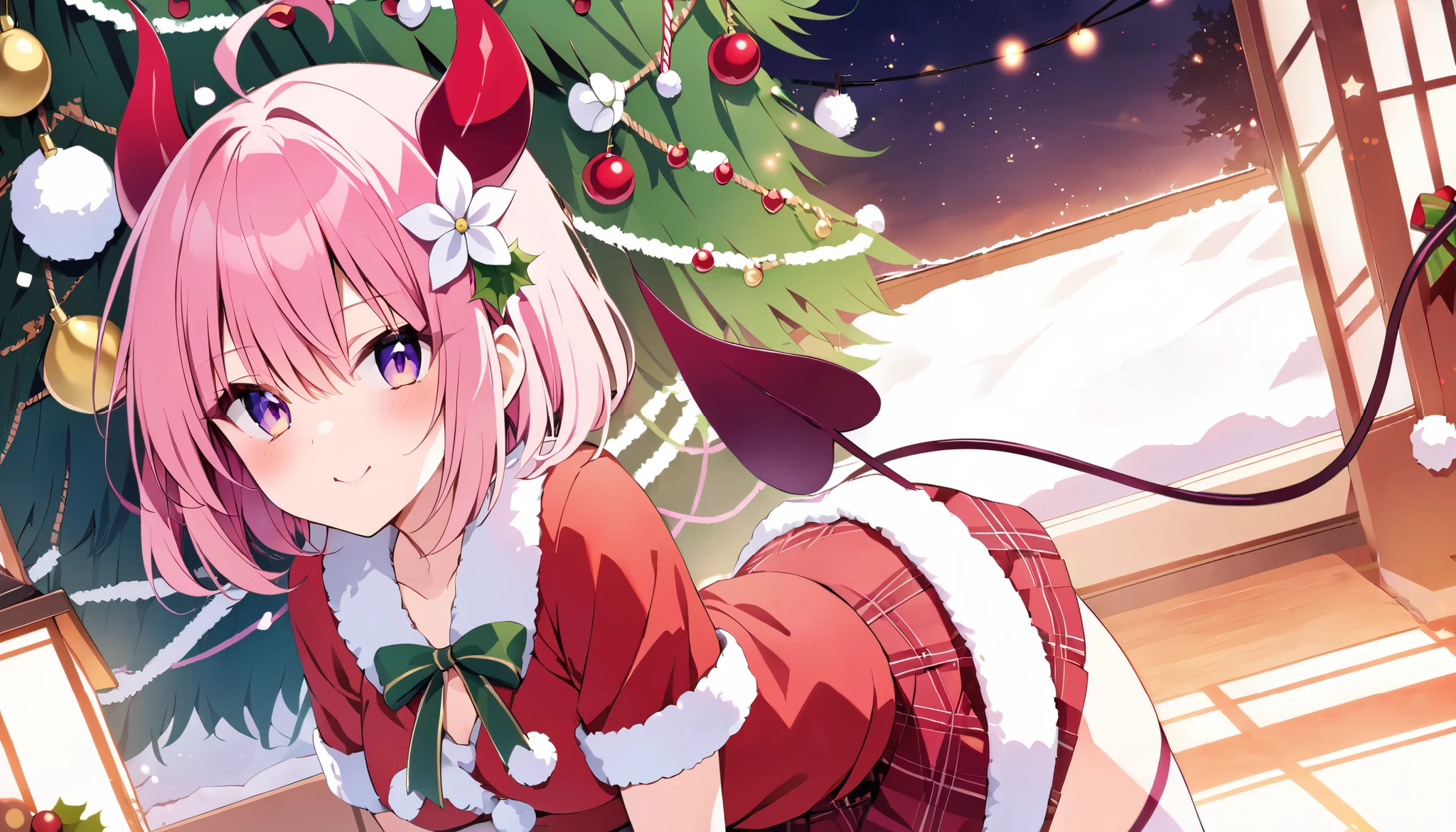 momo,pink hair,short hair,purple eyes,white flower hair ornament, santa clothes, demon tail, skirt,