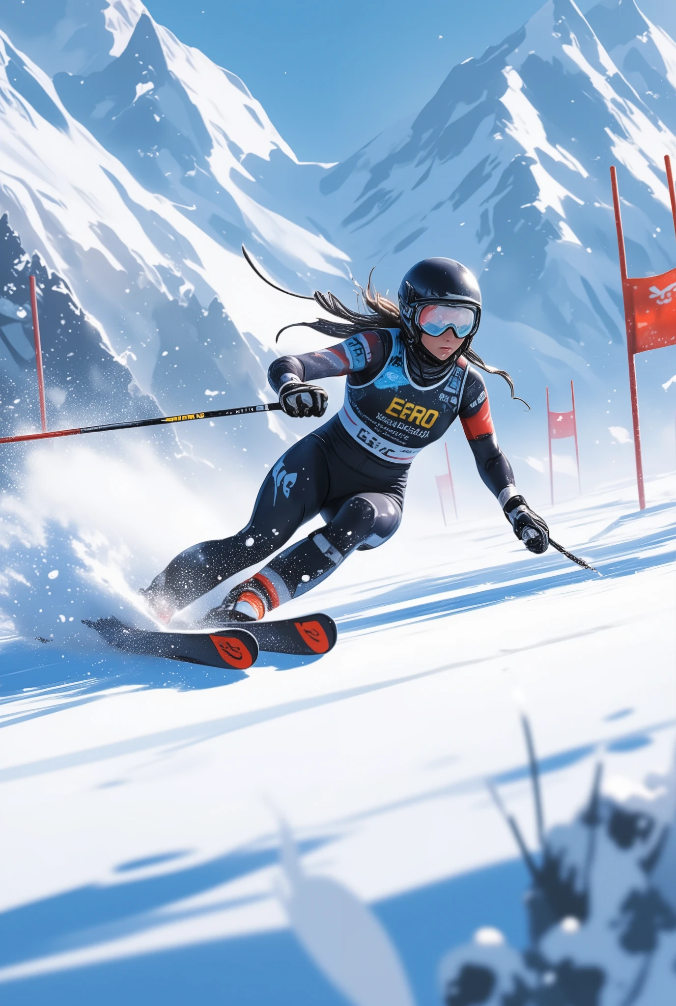 Snapshot of a woman skiing down the slopes, goggles,  helmet , Alpine skiing competition , 