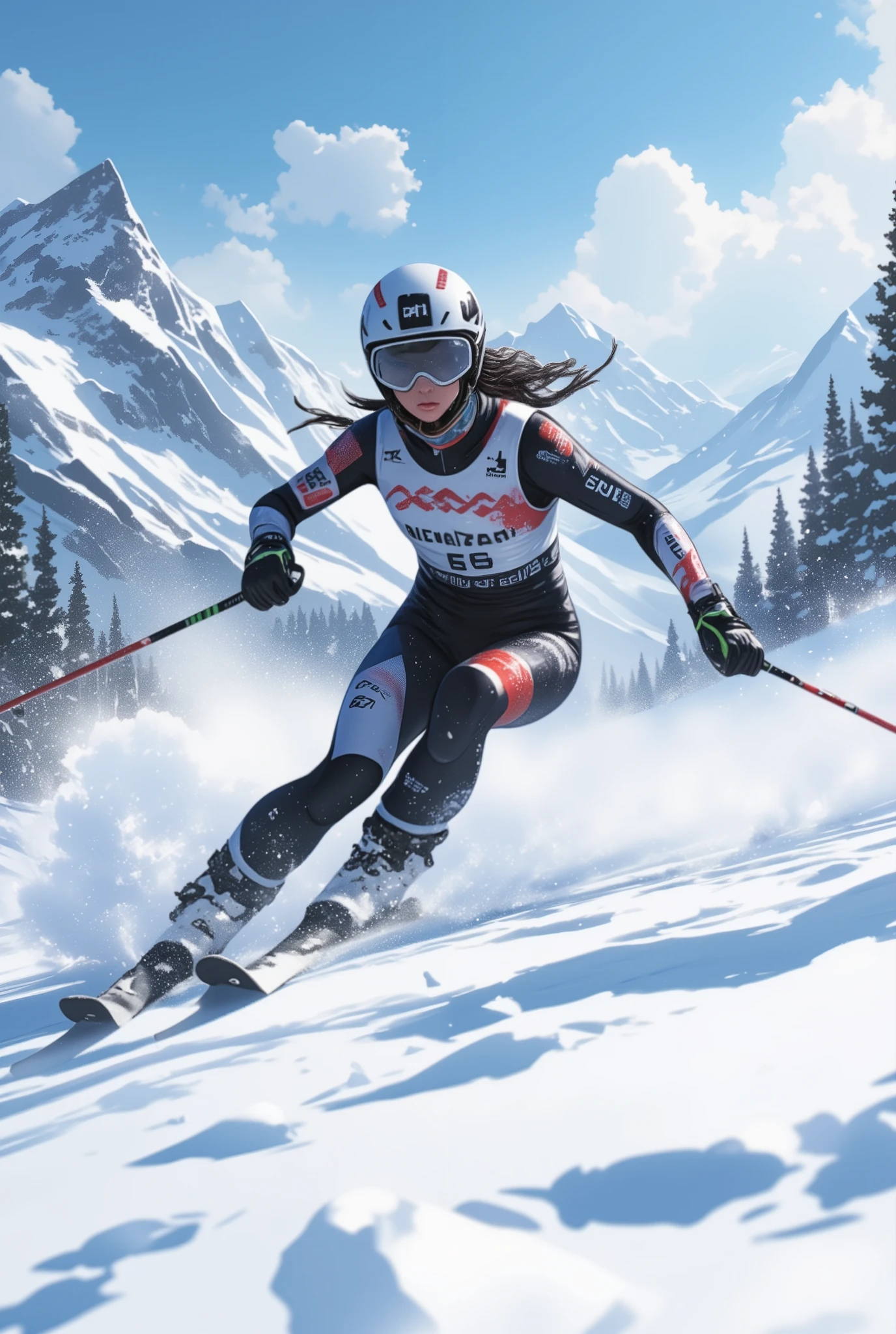 Snapshot of a woman skiing down the slopes, goggles,  helmet , Alpine skiing competition , 