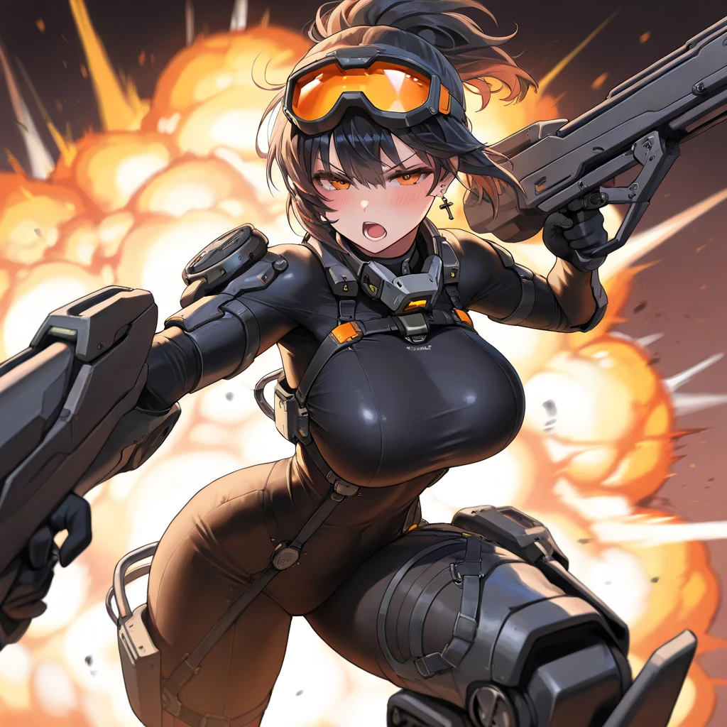 Highest quality, 1girl, solo, brown hair, long hair, brown eyes, gigantic breasts, thick thighs, black techwear, standing, respirators, tubes