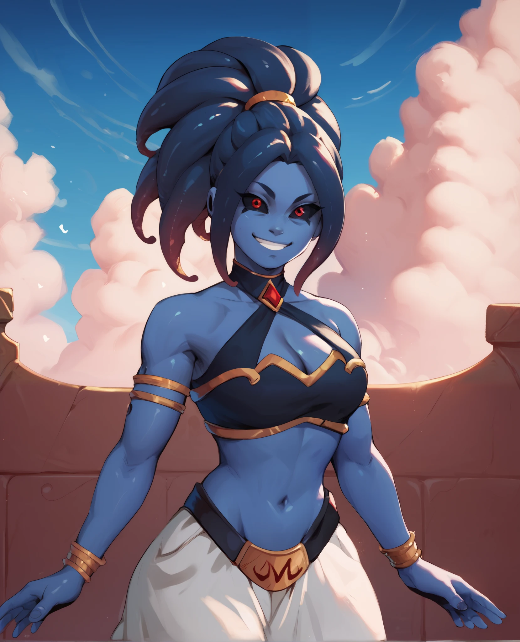 score_9,score_8_up,score_7_up,
femjinxl,dark blue skin,red eyes,black sclera,tentacle hair,dark blue ponytail,
belly dancer outfit,midriff,cleavage,bare shoulders,m belt,
looking at viewer, smiling,
standing,day,cloudy sky,
solo,