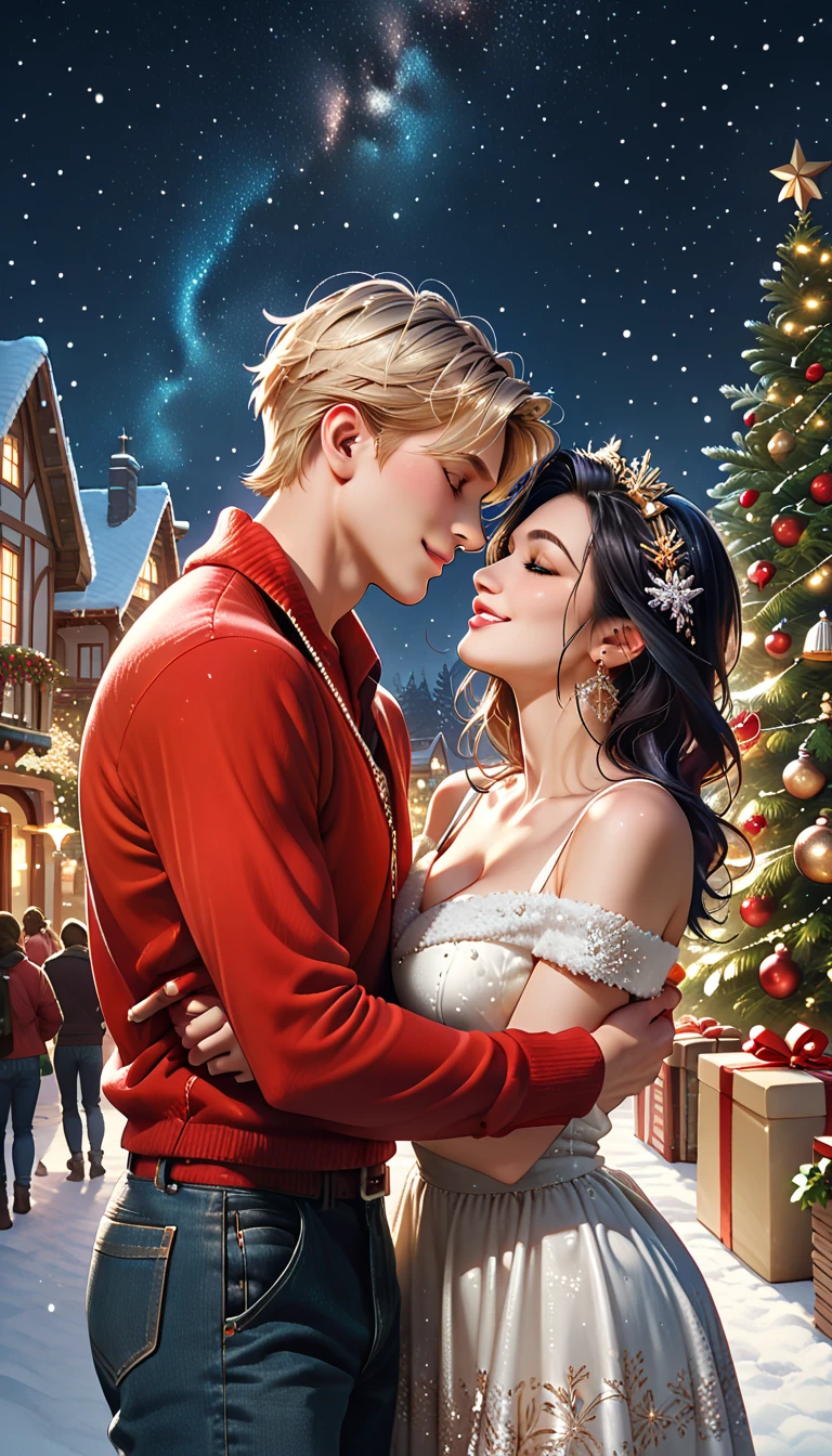  romantic atmosphere ,  very detailed ,  , ​masterpiece,  sharp focus ,   Official Art,  Christmas,  couples after insertion, Men and women,  software ,  Christmas , Comfortable clothes, Normal clothes, half body,、 smiles