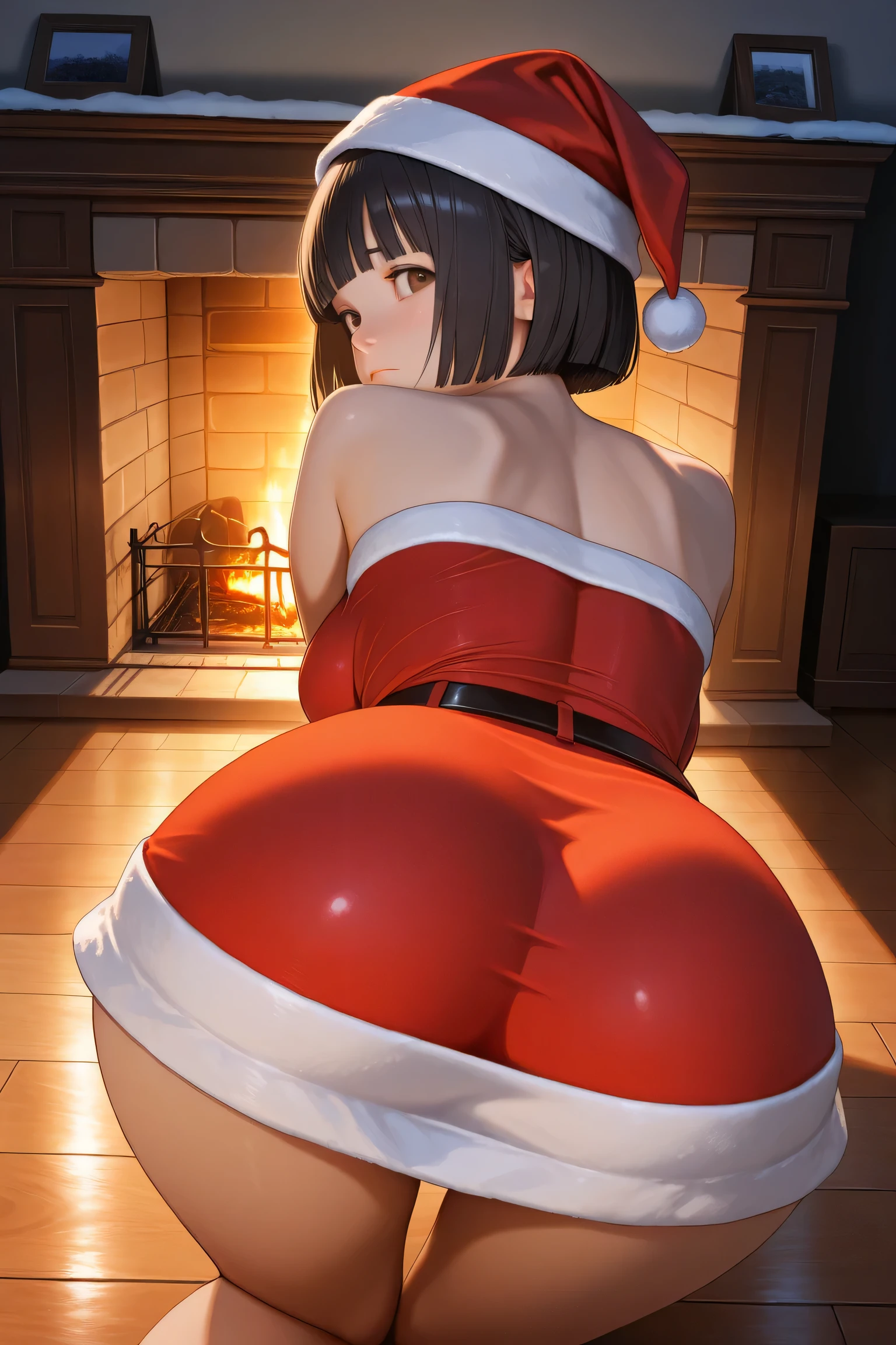 1girl, top-down bottom-up, (from behind, ass focus), 
BREAK girl, 22yo, short hair, bob cut, ear, (blunt bangs), black hair, (tareme:1.2), detailed cute brown eyes, curled eyelashes, (large breasts:0.8), 
beautiful detailed eyes, beautiful face, 
santa hat, santa costume, black belt, mini skirt, (impossible clothes:1.2),
embarrassed, frown, 
living room, winter, fireplace, wooden floor, night, warm light, cinematic lighting,
masterpiece, best quality, amazing quality, very aesthetic, absurdres, newest, (realistic:1.2), super detailed, extremely detailed, nsfw, general