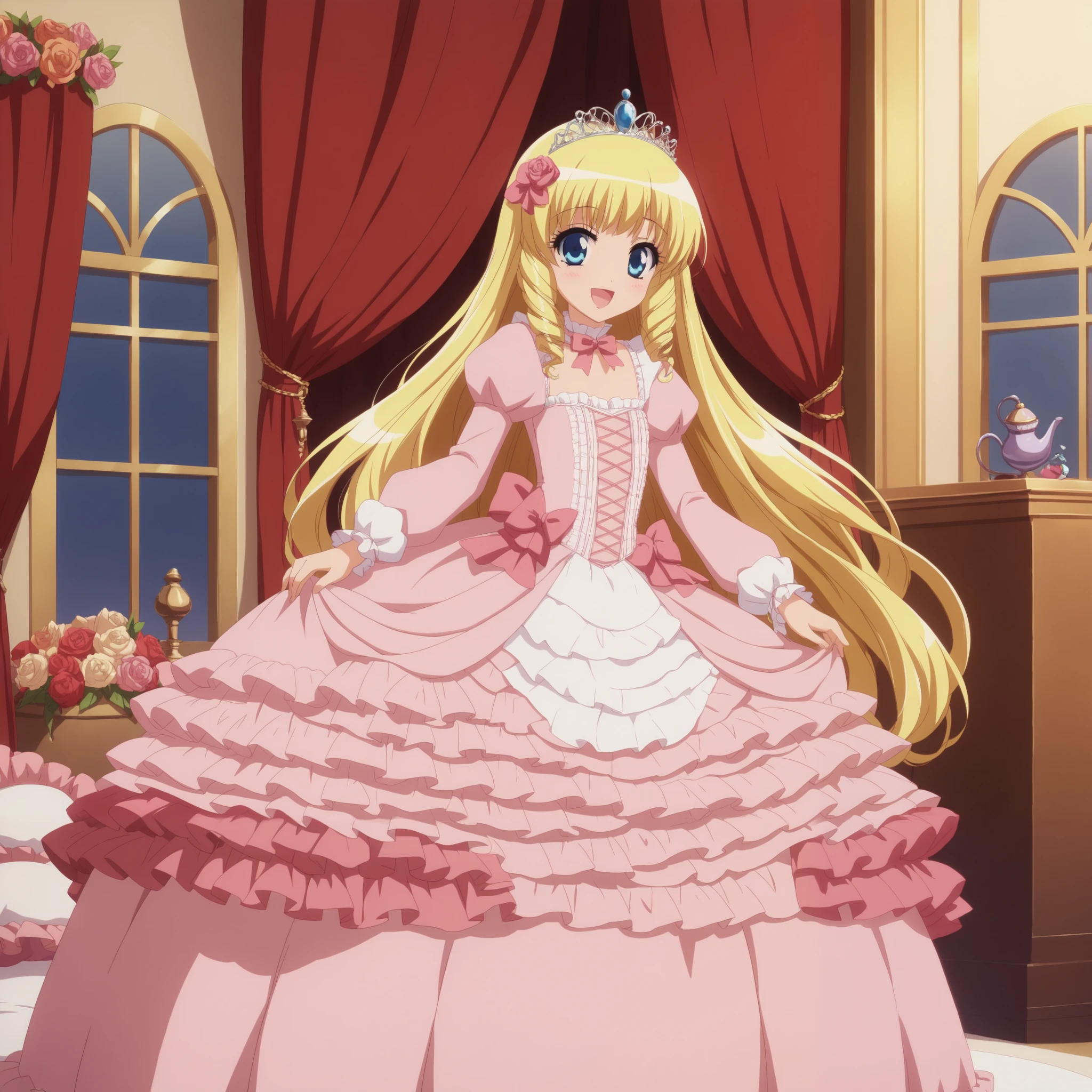 Anime girl in pink dress sitting on a bed in a room - SeaArt AI