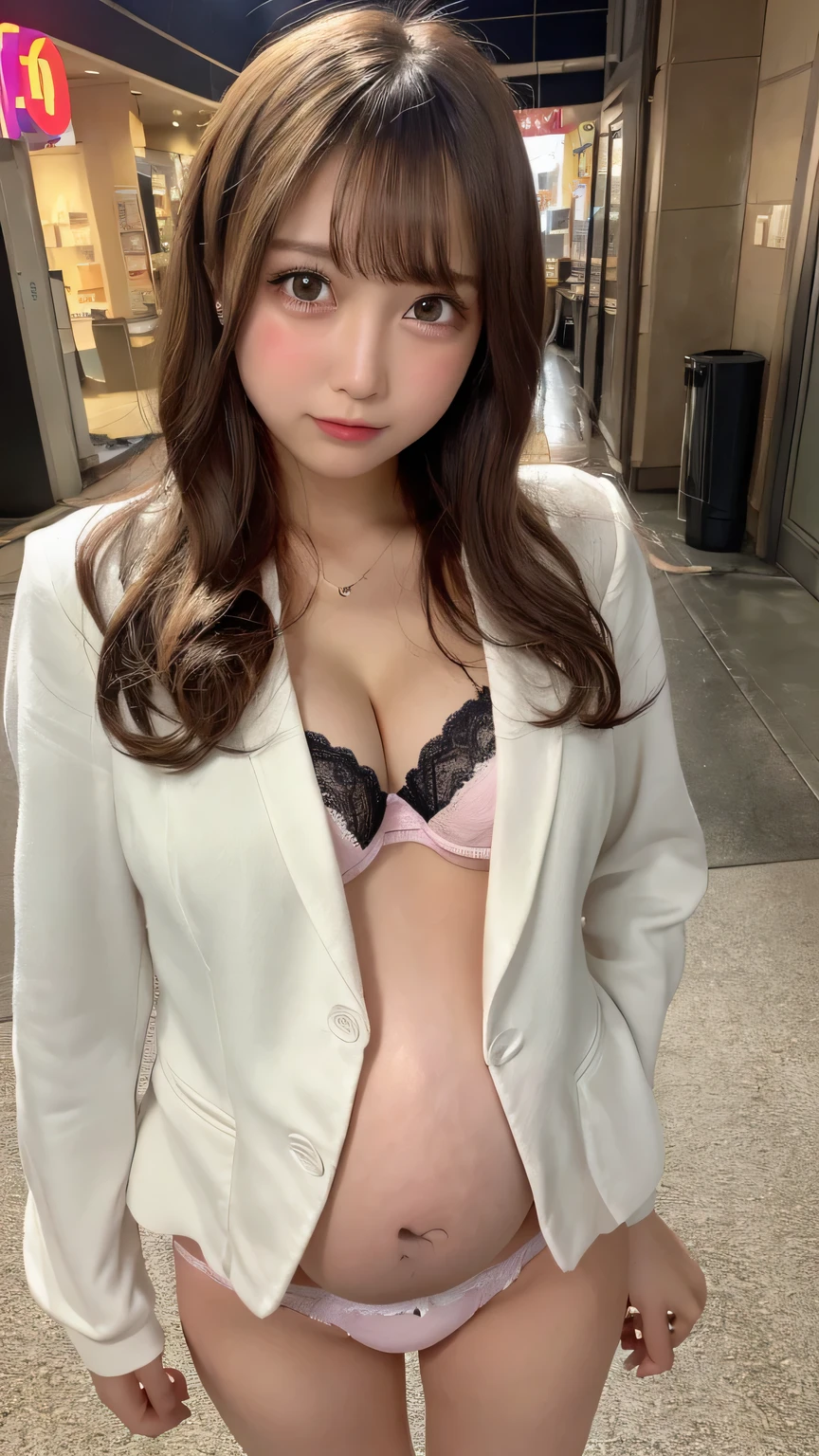 absurdres, RAW photo, extremely delicate and beautiful, masterpiece, Best Quality, ultra high resolution, 32k, hyperrealistic, ultra-detailed, delicate facial features, beautiful detailed woman, tearful mole, earring, medium breasts, ((full body shot)), medium hair, black hair, office lady suit, blazer, 