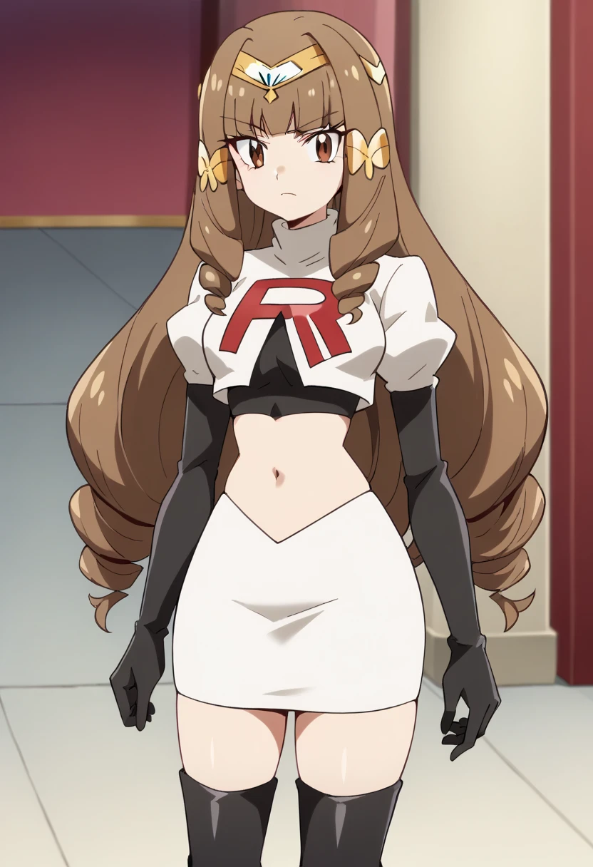 elizabeth klyrode, 1girl, brown hair, long hair, blunt bangs, brown eyes, solo, drill hair, hair ornament,  jewelry, tiara, looking at viewer , medium breasts, score_9, score_7_up,anime coloring ,source_anime, anime, team rocket,team rocket uniform,white skirt,red letter R,crop top,black thigh-highs,black elbow gloves