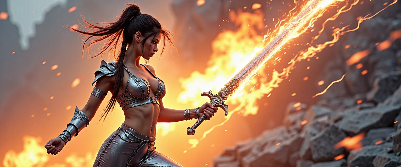 1girl, Emerald glowing eyes, tiny female warrior, black and red short skirt, black and red chainmail bra, magical sword with runes, silver necklace with blue gem pendant, dark sky, ultra realistic detailed face, detailed eyes, beautiful, green glow background, mountains, dark medium hair, small breasts, small boobs, small waist, cute butt, posing, seductive, sword in hand