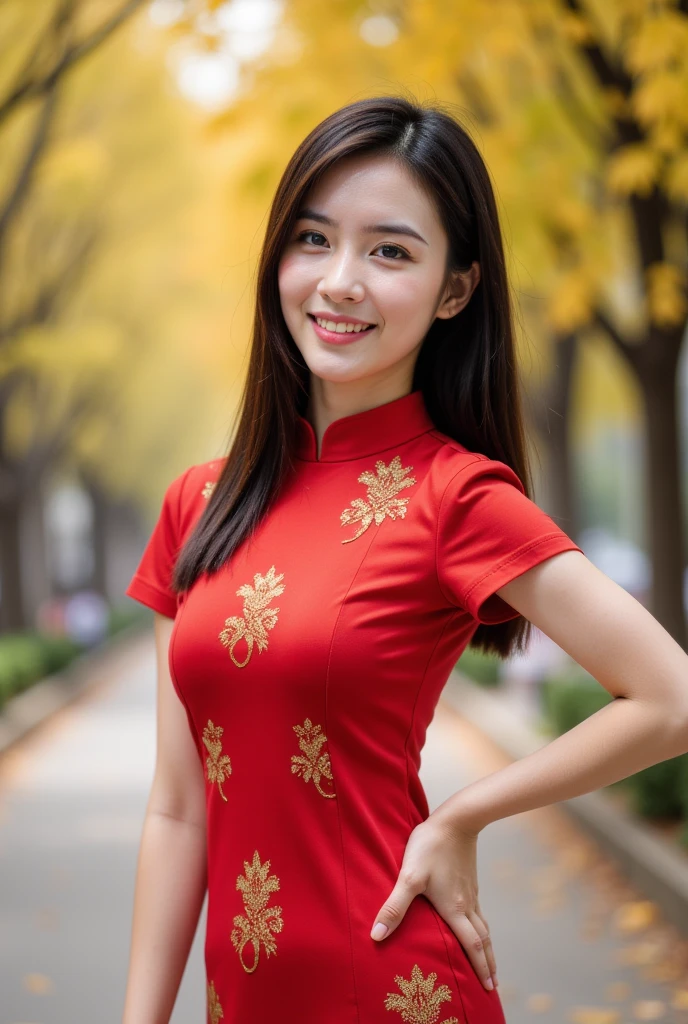 1girl,smirk,waist up,body,realistic,red chinese dress,outdoors,