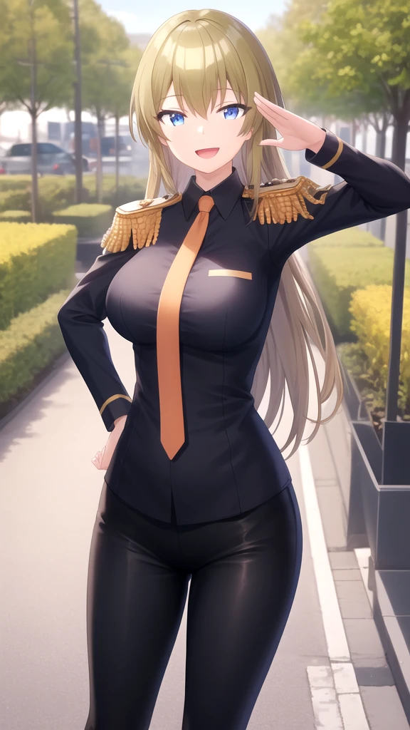 Strawberry blonde hair, She typically wears the Officer's Academy uniform, which consists of a black and white outfit with gold accents, cleavage, smirking