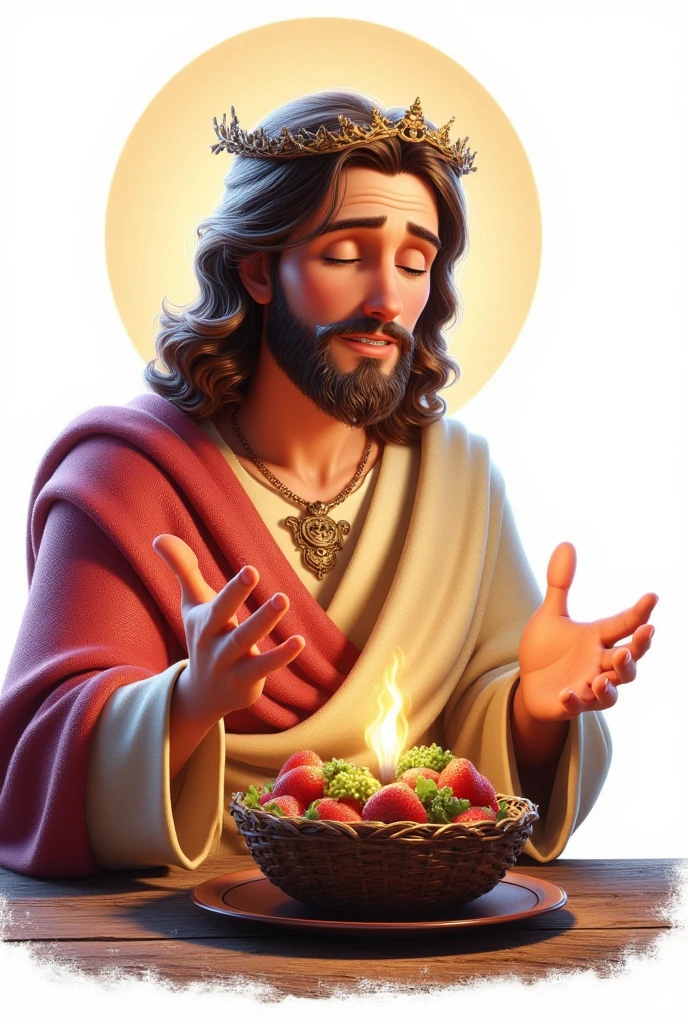 Christmas art Jesus Christ of Nazareth,  illustration,  totally white background , score_9, score_8_above, score_7_above, ( baby cute 1.5 ), (masterpiece:1.4),( best quality:1.4),( high resolution:1.4), ( looking at the box .1) happy dinner, Disney-Pixar 