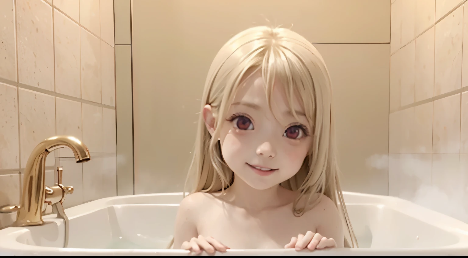 cute completely naked girl putting cute completely naked girl standing inside a bath and looking at viewer with a shy smile, ***ite, *******************, short stature, flat chest with pointy nipples, long blonde hair, beautiful round face, smooth body, ruby red eyes, vapour in the air