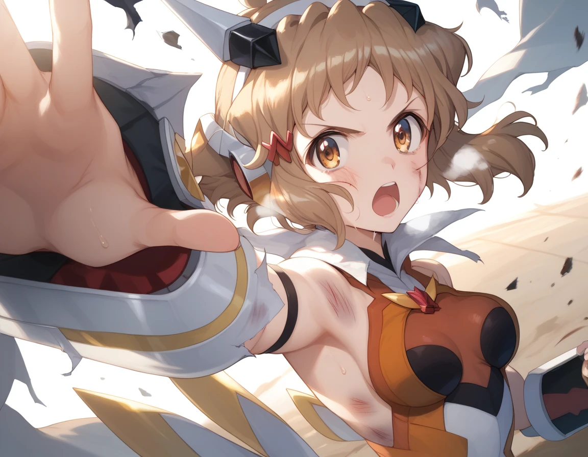  top quality ,  soft light during the cruise,  super high res,  cute, Beautiful face in every detail , high resolution details of human skin texture, shiny skin,sweat,Heat, white breath ,Take a deep breath,Hibiki Tachibana,Brown Hair,, battle costume,Outdoor Arena,sunlight, serious eyes,Ready,Big eyes, Symphogear ,armed gear , open mouth ,Fighting pose,bruised body, has a weapon , hair ornament, torn clothes ,Short Hair,x-drive