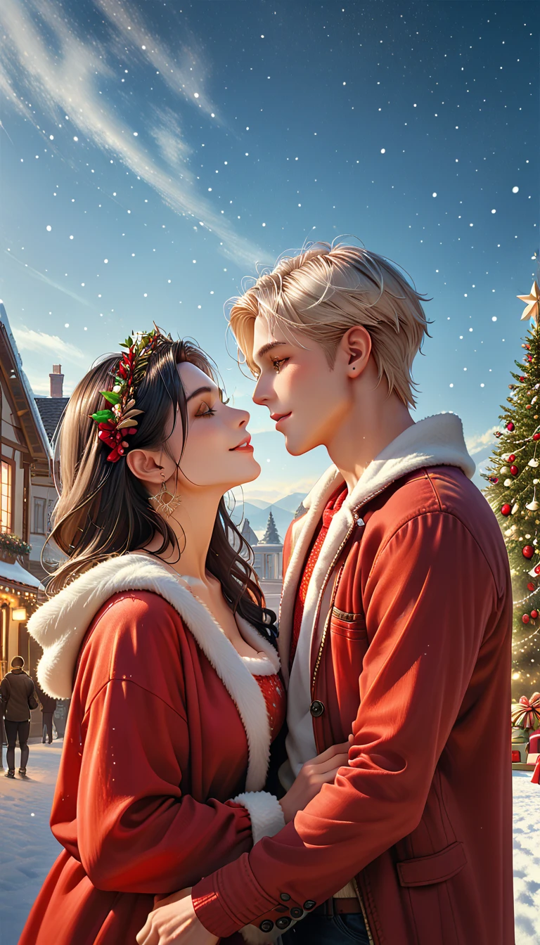  romantic atmosphere ,  very detailed ,  , ​masterpiece,  sharp focus ,   Official Art,  Christmas,  couples after insertion, Men and women,  software ,  Christmas , Comfortable clothes, Normal clothes, half body,、 smiles、Two people looking up at the sky