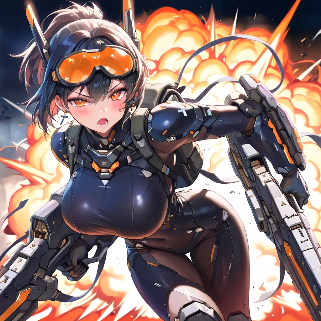 mechanical armored edition, taut bodysuit on exoskeleton, processing on emboss decoration body, headphonegear, futuristic goggles on eyes, cute girl, solo, short hair, ponytail hair, Black hair with brown ends, orange eyes, large breasts, cross Pierced earrings, blush, flawless smooth skin, looking at viewer, serious expression, half closed eyes, open mouth, holding, huge futuristic weapons, shoulder on weapons backpack, Battle scene, motion blur, explosion background, There are many enemies around, (best quality,4k,8k,highres,masterpiece:1.2),ultra-detailed,intricate details, high fashion, dramatic lighting, warm colors, chiaroscuro