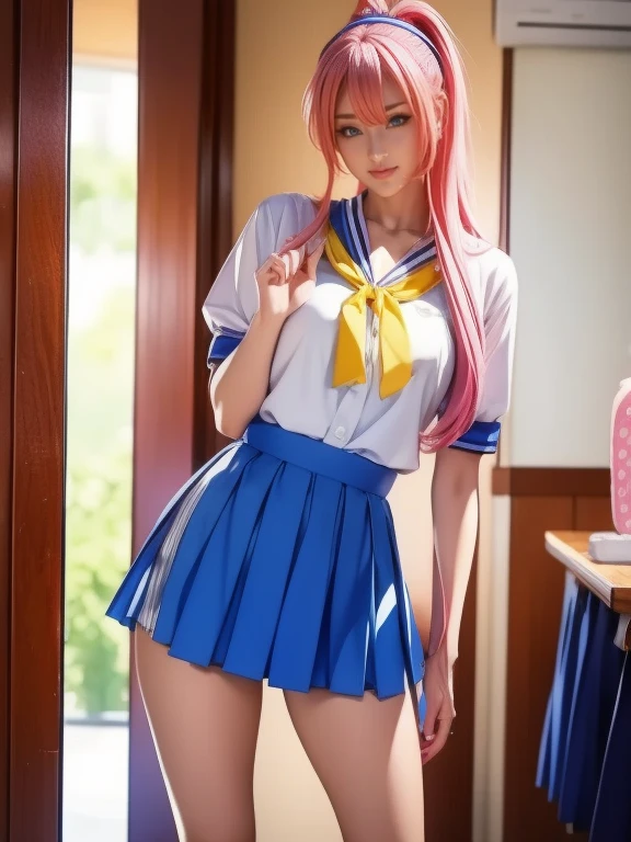 Best quality, insane quality, hot 18 years old girl, otome, otome dori, turquoise eyes, pale skin, hot tall and slender body (Anatomically correct proportions ), y position, ((taking off the sailor uniform with big pretty titowing ), long sleeve)), realistic pretty butt cr grinning seductive smile, very long pink hair, 4k
