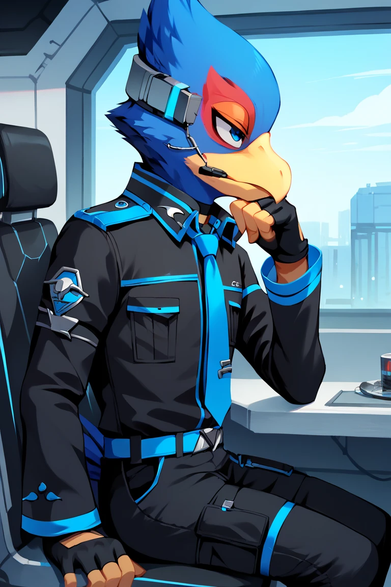 score_9, score_8_up, score_7_up, score_6_up, 1boy, solo, Falco lombardi, inside blue spaceship, nsfw, high resolution, detailed face, high resolution, light blue eyes, black fingerless gloves, black choker, (((((black uniform))))), (((((blue tie))))), (black clothes), (black pants), Silver Accessories, inside blue concrete spaceship, from side, bored, jitome,