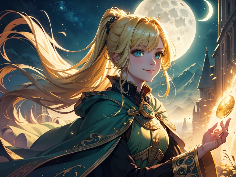 Masterpiece, (Best Quality: 1.2), (Super Fine: 1.2), Illustration, (Fantasy Landscape: 1.2), Film Angle, Floating, (Beautiful Detail Eye: 1.1), (Detail Light: 1.1), Film Lights, Delicate Sky, Woman, Yellow Hair, Green Eyes, (High Ponytail: 1.1), Cloak, Glowing Eyes, (Moon: 1.2), (Moonlight: 1.1), Starry Sky, (Light Particles: 1.1), Fog , long gown cat outfit, action pack, smiling