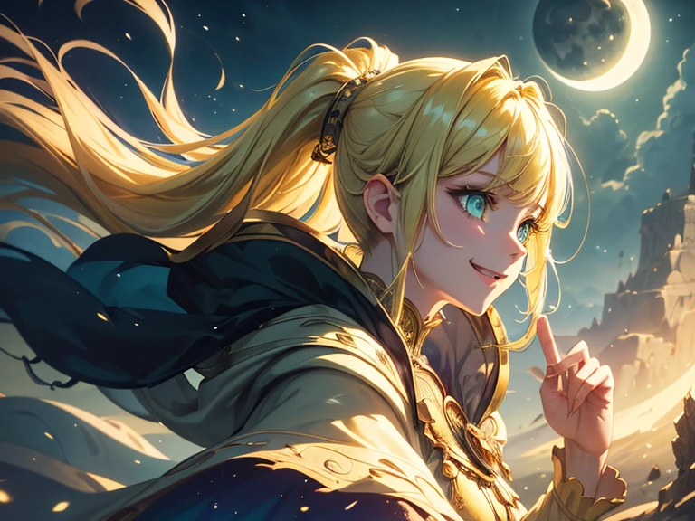 Masterpiece, (Best Quality: 1.2), (Super Fine: 1.2), Illustration, (Fantasy Landscape: 1.2), Film Angle, Floating, (Beautiful Detail Eye: 1.1), (Detail Light: 1.1), Film Lights, Delicate Sky, Woman, Yellow Hair, Green Eyes, (High Ponytail: 1.1), Cloak, Glowing Eyes, (Moon: 1.2), (Moonlight: 1.1), Starry Sky, (Light Particles: 1.1), Fog , long gown cat outfit, action pack, smiling