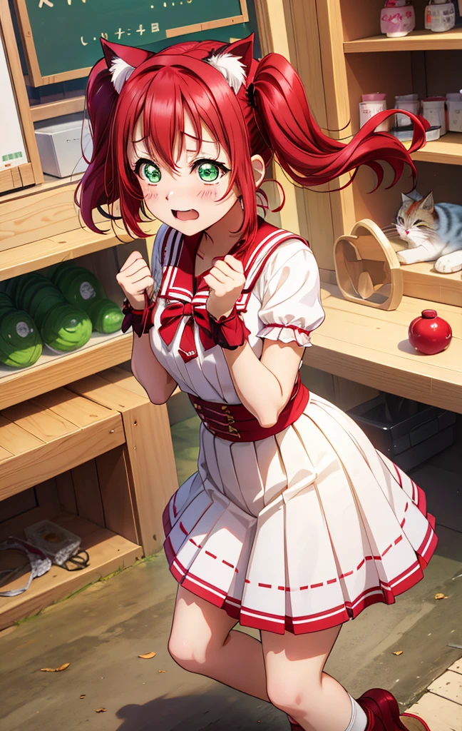 Kurosawa ruby, twin tails,  red hair,  green eyes,Cat ears, Cat ears式のヘッドフォン,  blush,  crying expression , 