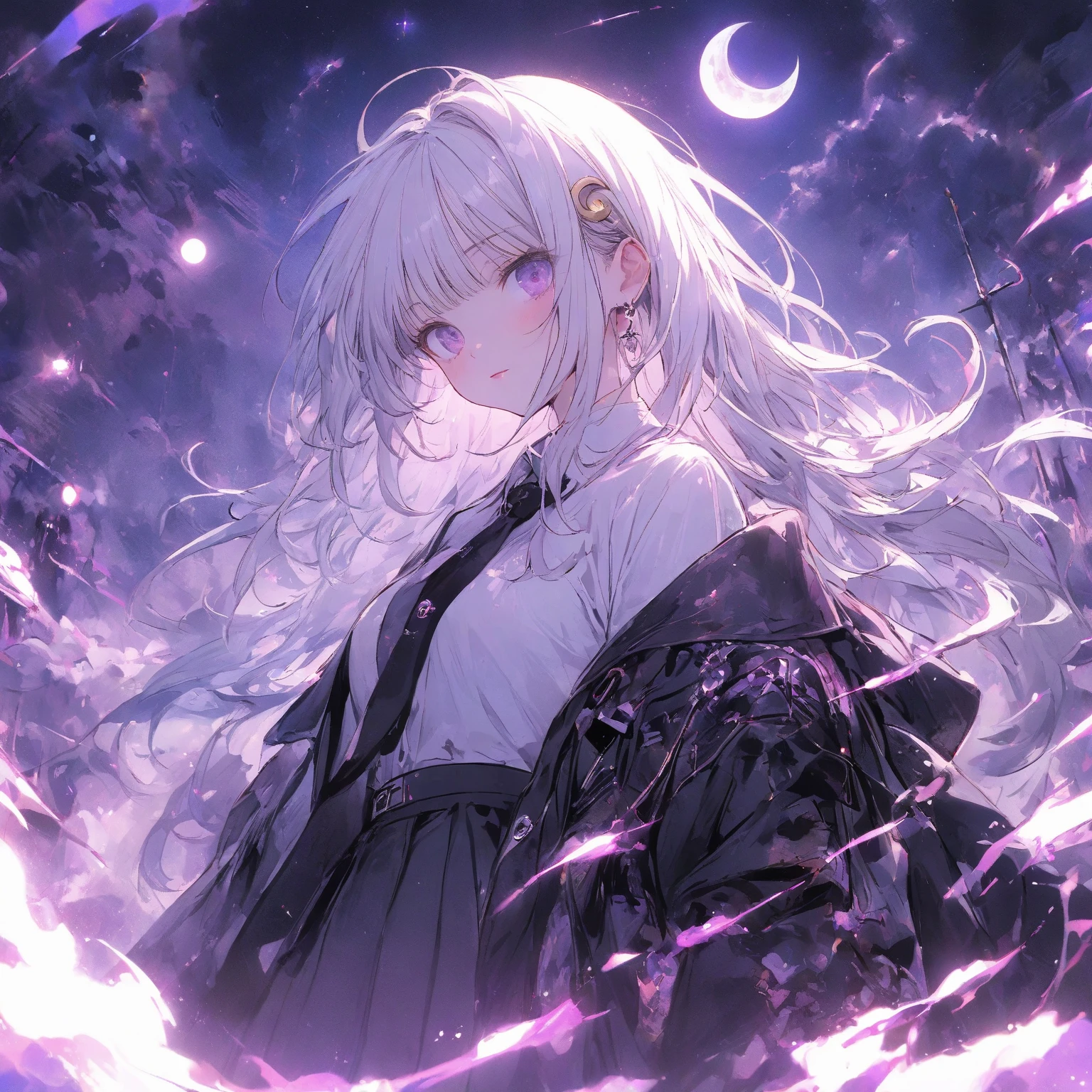 Long silver hair, smile skeleton mask looking down
, black ninja, full moon, purple eyes, white horns