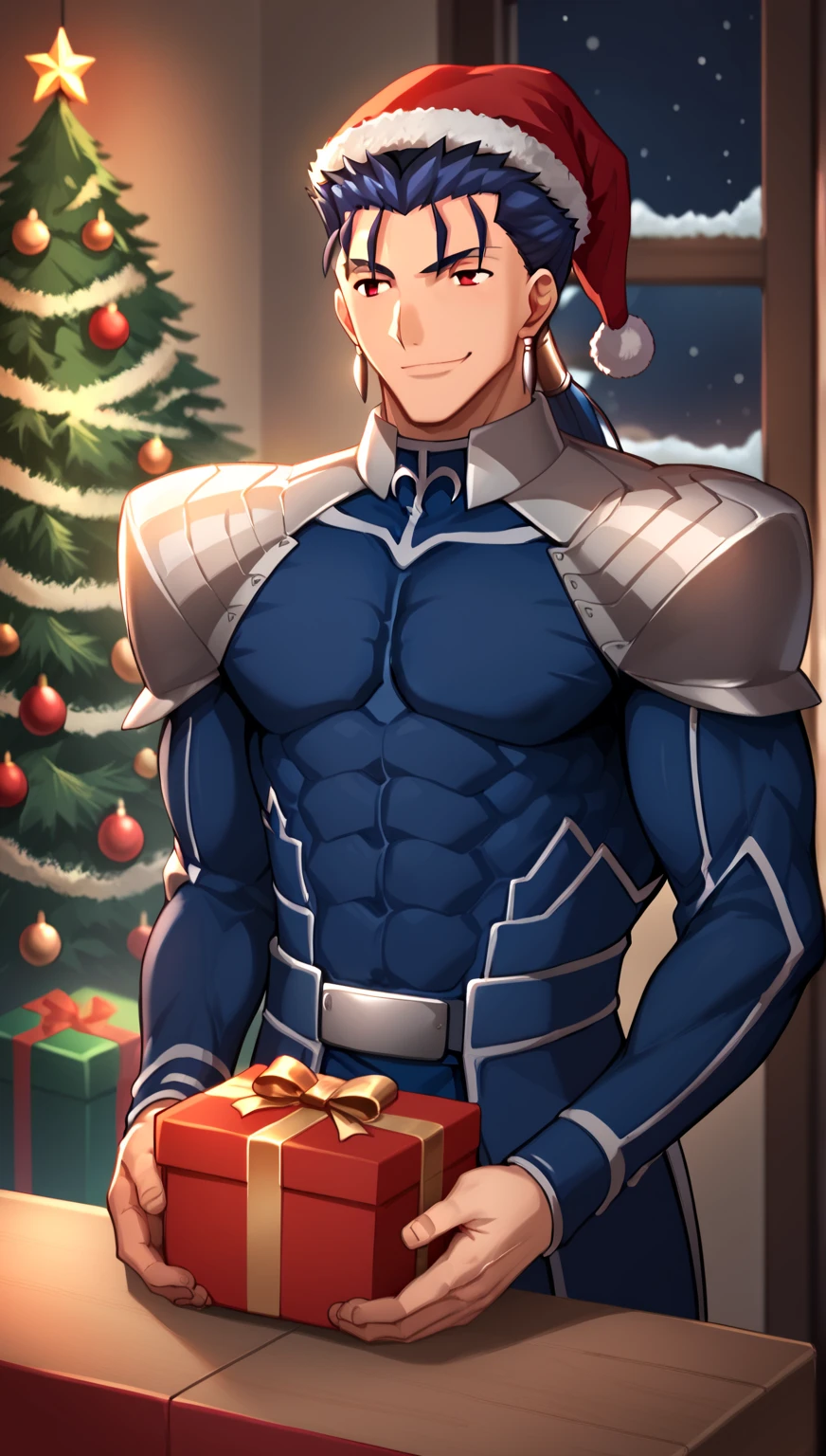 score_7_up,score_6_up,score_5_up,score_4_up,source_anime,lancer_fsn, blue-haired man, red eyes, with a ponytail at the nape of his neck, with a good, slightly muscular body fate/stay night, earrings and armor with a Christmas hat with a very cheerful smile sitting holding a Christmas present.