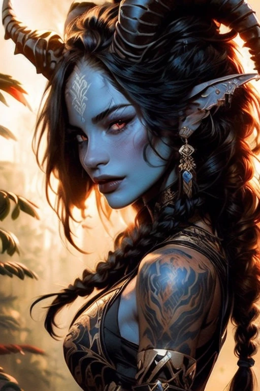 score_9, score_8_up, score_7_up,
KRKNK, 1girl, portrait, beautiful, tiefling shaman, black hair, (long hair:1.3), side bangs, horns, barbarian, gladiator, war paint, tribal markings, long tail, blue skin, red lips, red eyes, glowing eyes, (smug:0.85), dramatic lights, detailed