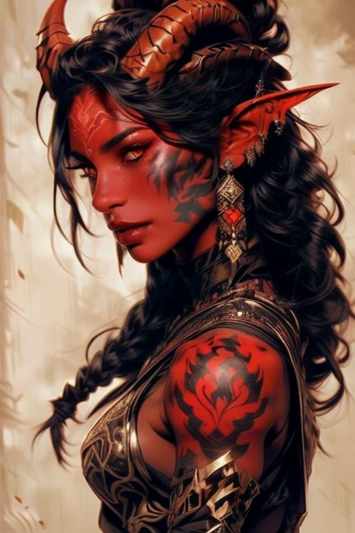 Tiefling, masterpiece, 1girl, red skin, black eyes, pointy ears, bare shoulders, <lyco:V1Tiefling LyCO:1.0>