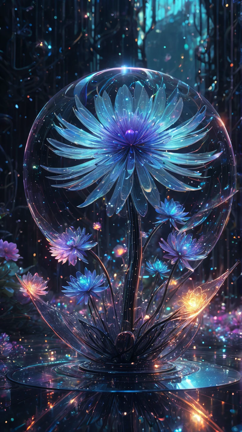  fibonacci glasslike transparent flower, surrounded by luminous crystal sparkles, hyperdetailed and highly intricate digital illustration by ismail inceoglu, james jean, anton fadeev and yoshitaka amano, trending on artstation, vibrant colours, volumetric lighting, depth of field, unreal engine 5, backlit, 8k resolution 、カラフルに、色とりどりの色で