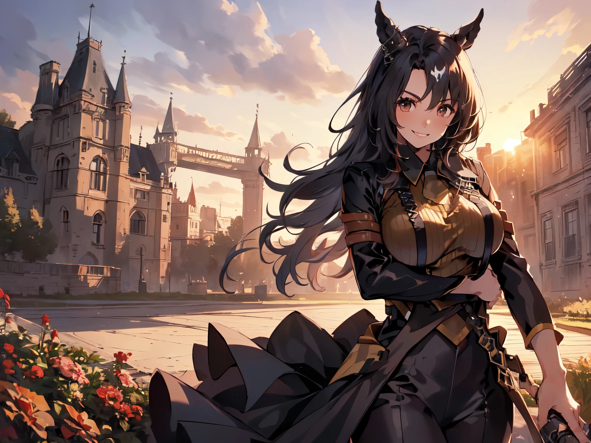 (Solo:2), (1 female:2), (Horse ears, Big breasts, Arms crossed), (Smiling, Looking at camera), (Castle red garden), (Sunset), (Focus on breasts), (Short fingers, Short arms), (Carefully drawn, Great artwork, Top quality, High resolution, 8K, Detailed, Delicate)