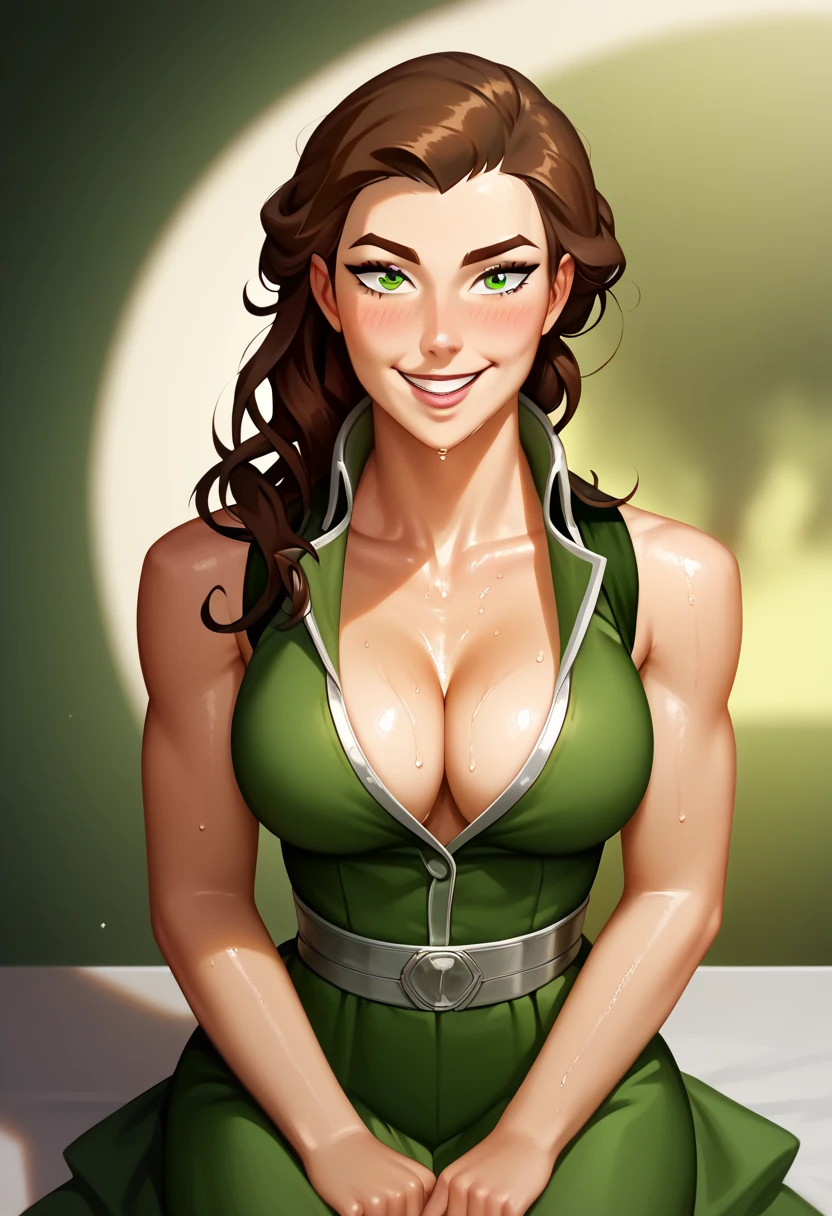 1 female, kuvira big breasts, green eyes and brown hair, sexy , sexy, ((Masterpiece, best quality)), detailed skin, highly detailed, cinematic lighting, ultra realistic, blush, looking at viewer. Her hair is intricately elegantly styled, falling softly to chin length, portrait, , big breasts but skinny, cleavage, malicious sluty smile, full body view, sexy , sitting on lap, fucking, horny, hot, wet, needy look, skinny slim,