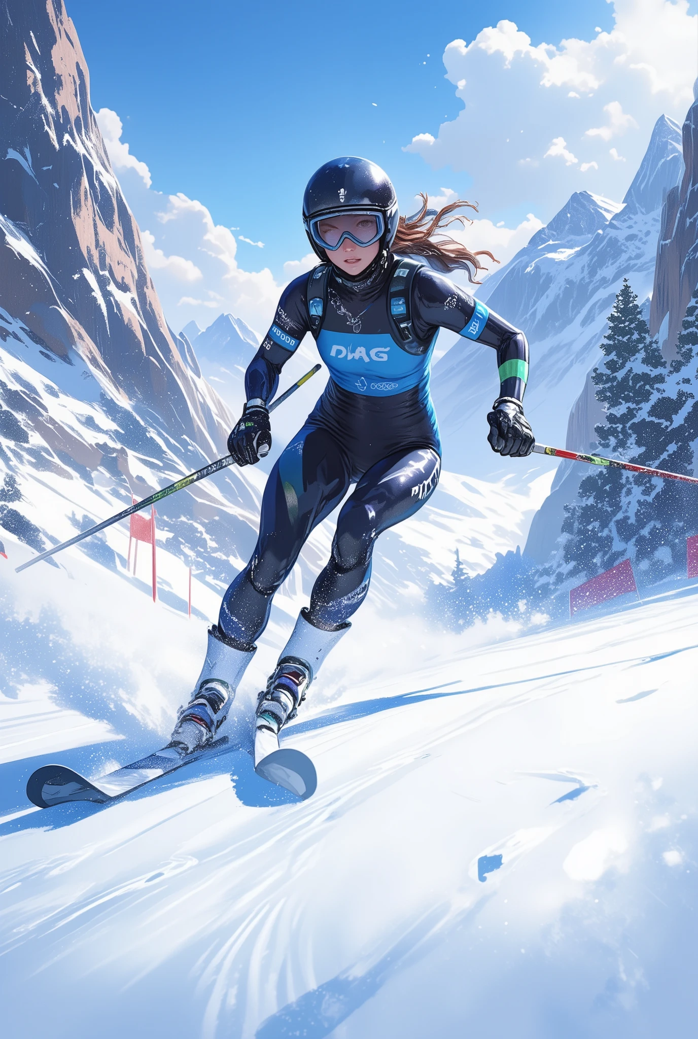 Snapshot of a woman skiing on a competition course, goggles,  helmet , Alpine skiing competition , 