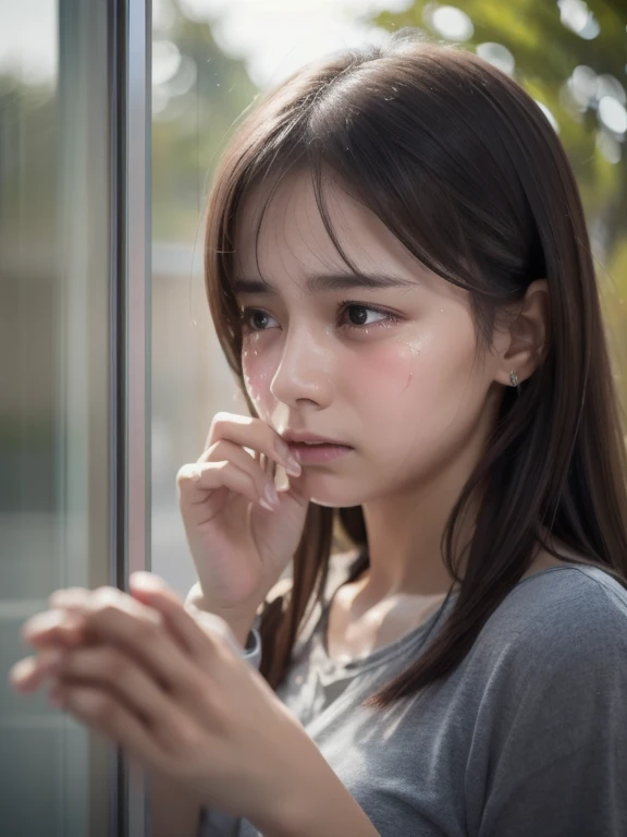 masterpiece,  top quality ,8k resolution, realistic ,,  1 girl,  crying , Girl wiping glass