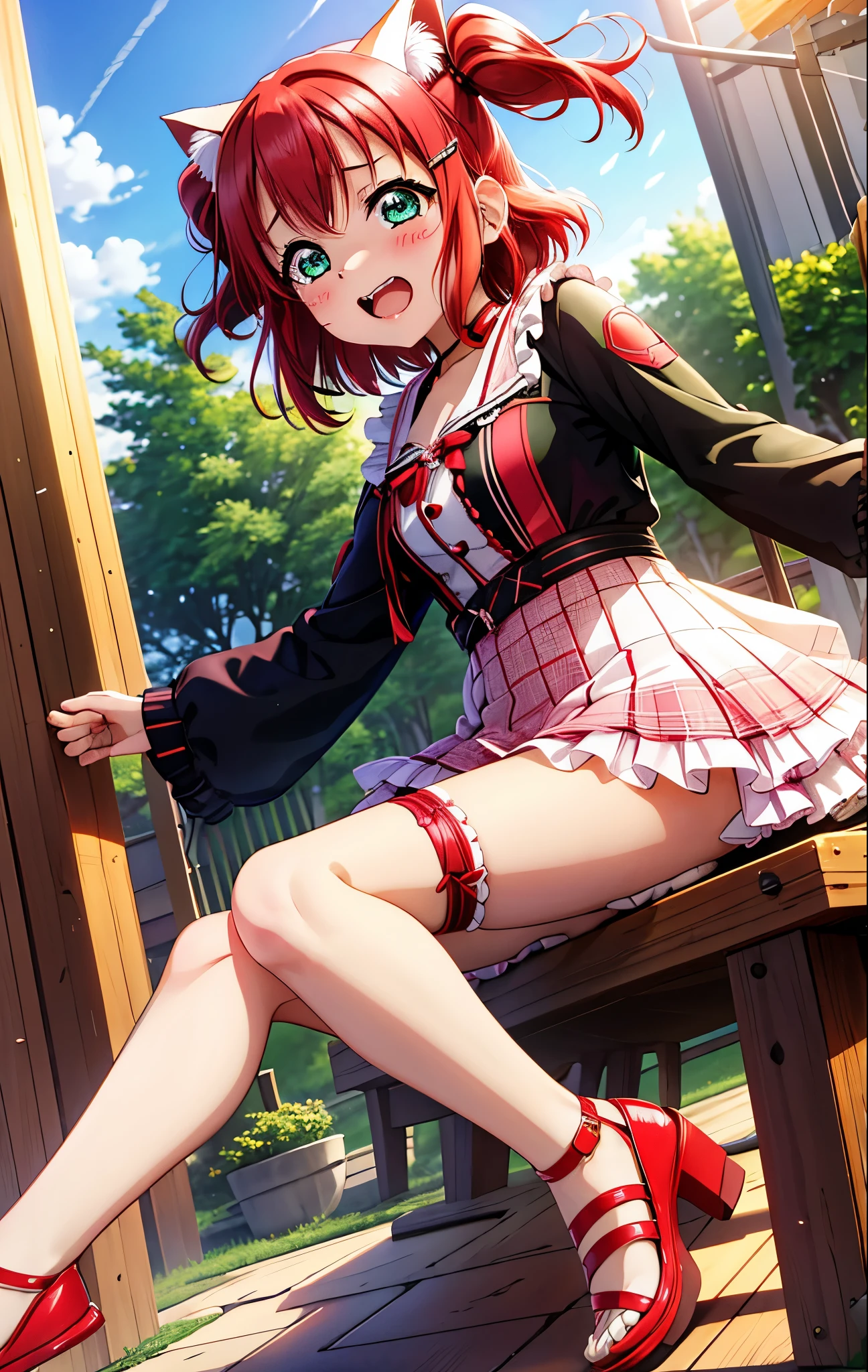 Kurosawa ruby, twin tails,  red hair,  green eyes,Cat ears, Cat ears式のヘッドフォン,  blush,  crying expression , 