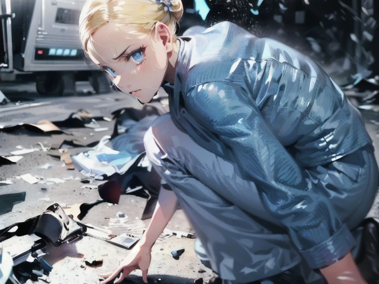 Blonde,  chignon flowing sideways,  blue eyes, Devil Eye,  heart-shaped eyes, Hanging eyes, Hearts in eyes,  Stares/ makes a disgusting face/Dissatisfied,  anime style,  simple background,  Darkness、battlefield、 high res, masterpiece, accurate,  top quality ,  high detail,  high definition model ,   Ultra Fine , One girl 