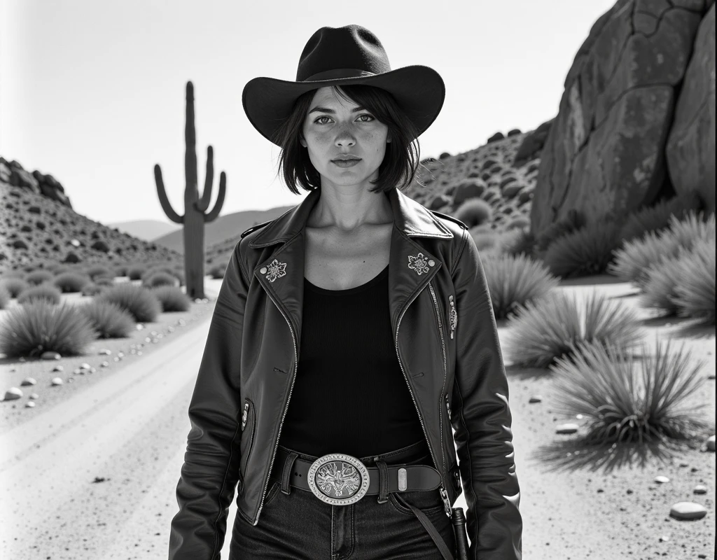 Ultra-realistic photo in Black and White of an enigmatic young female gunman with delicate yet masculine features, short hair hidden under her hat. Wearing an old rawhide cowboy jacket with intricate embroidery, rustic leather hat, holding an old double-barreled ifle, knives tied to her belt. Desolate, semi-arid location with dry branches, steppes, cactus trees, big rocks. Cinematic shot, Canon EOS R5, Ilford HP5 400 Plus film, high contrast, soft grain, cinematic shot, Botton view, hight film grain --ar 1:1 --v 6 --s 100 