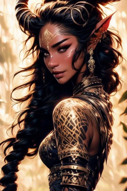 score_9, score_8_up, score_7_up,
KRKNK, 1girl, portrait, beautiful, tiefling shaman, black hair, (long hair:1.3), side bangs, horns, barbarian, gladiator, war paint, tribal markings, long tail, blue skin, red lips, red eyes, glowing eyes, (smug:0.85), dramatic lights, detailed