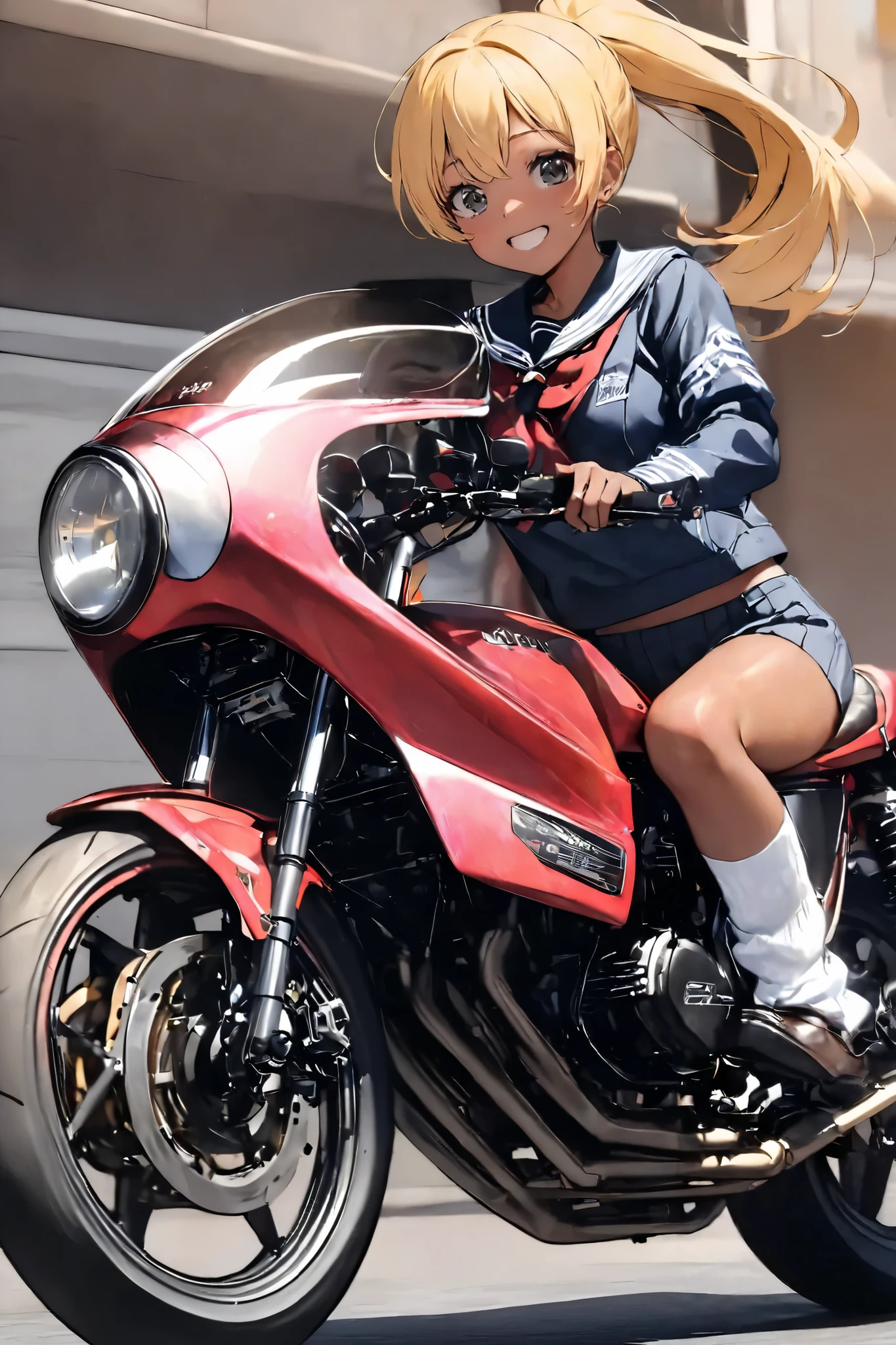 1 high school girl rides a motorcycle tuned to Honda CBX400F cafe racer specifications, a separate handlebars, rocket cowl, sailor suit, loose socks, loafers, glossy brown skin, small breasts, video, Yellow Hair, ponytail, inviting , top quality ,