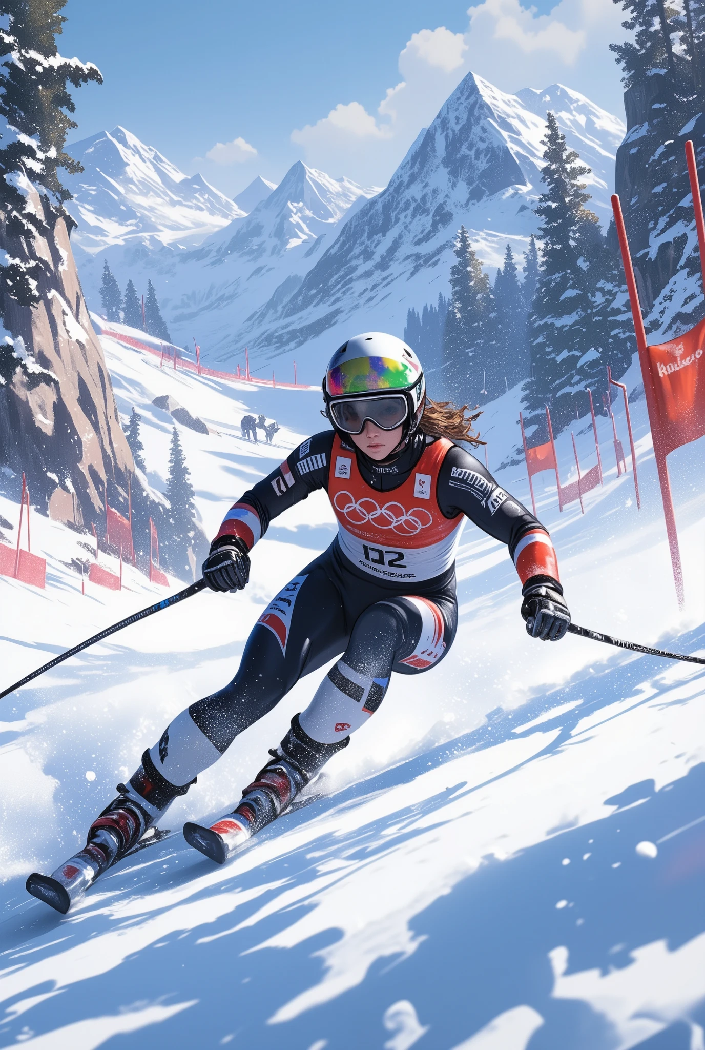 Snapshot of a female athlete skiing on a competitive course, goggles,  helmet , Alpine skiing competition , 