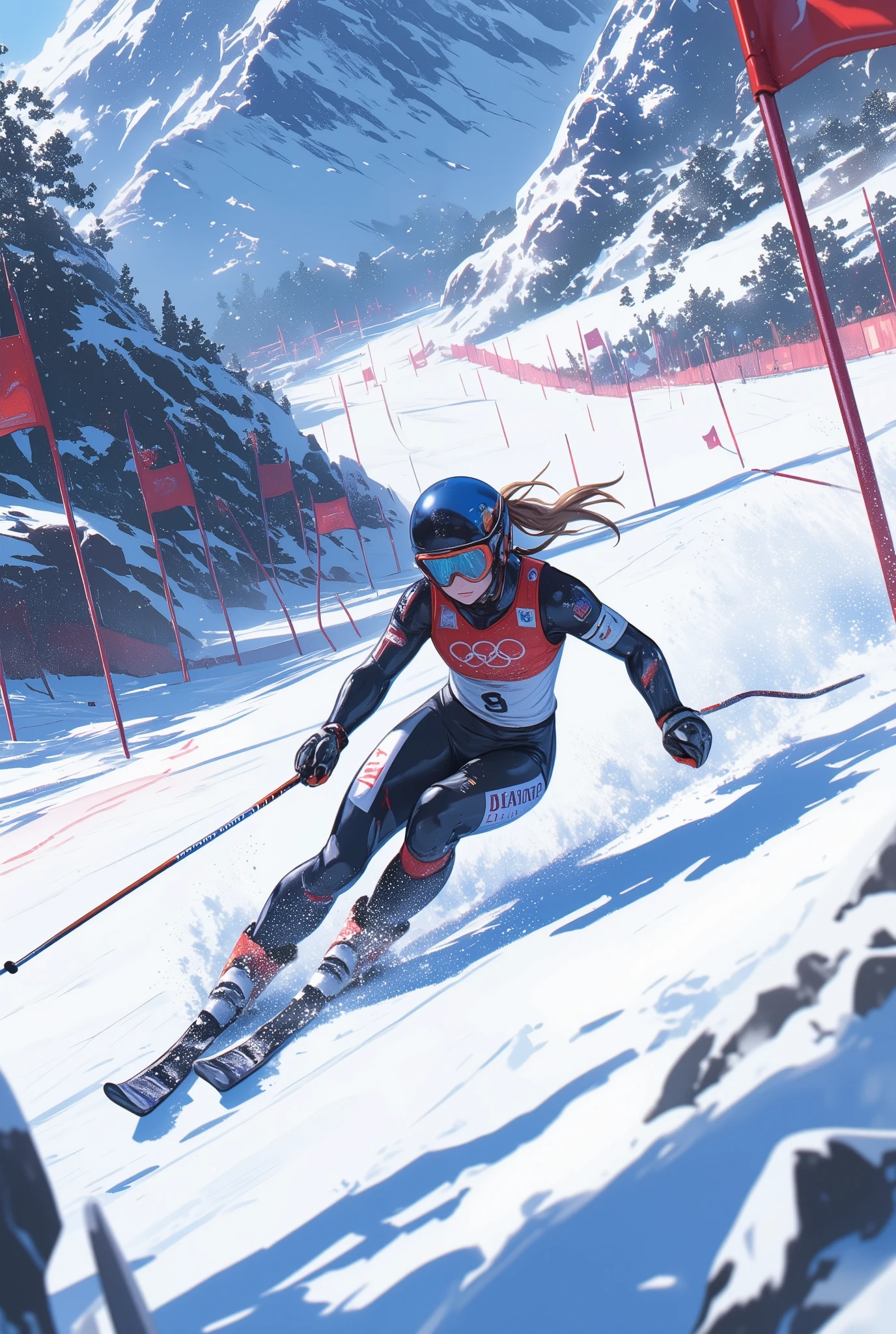 Snapshot of a female athlete skiing on a competitive course, goggles,  helmet , Alpine skiing competition , 